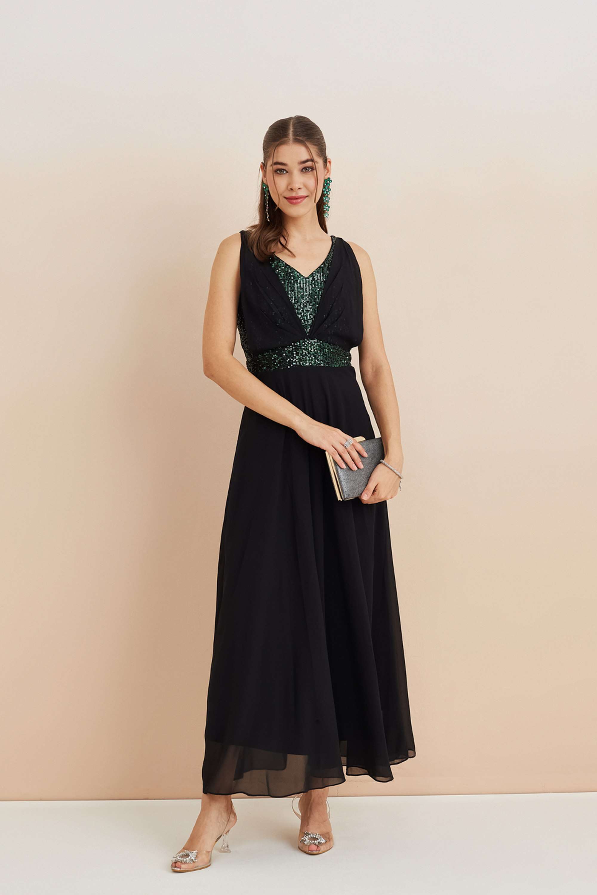 Solid-Polyester-V-Neck-Women-s-Dress