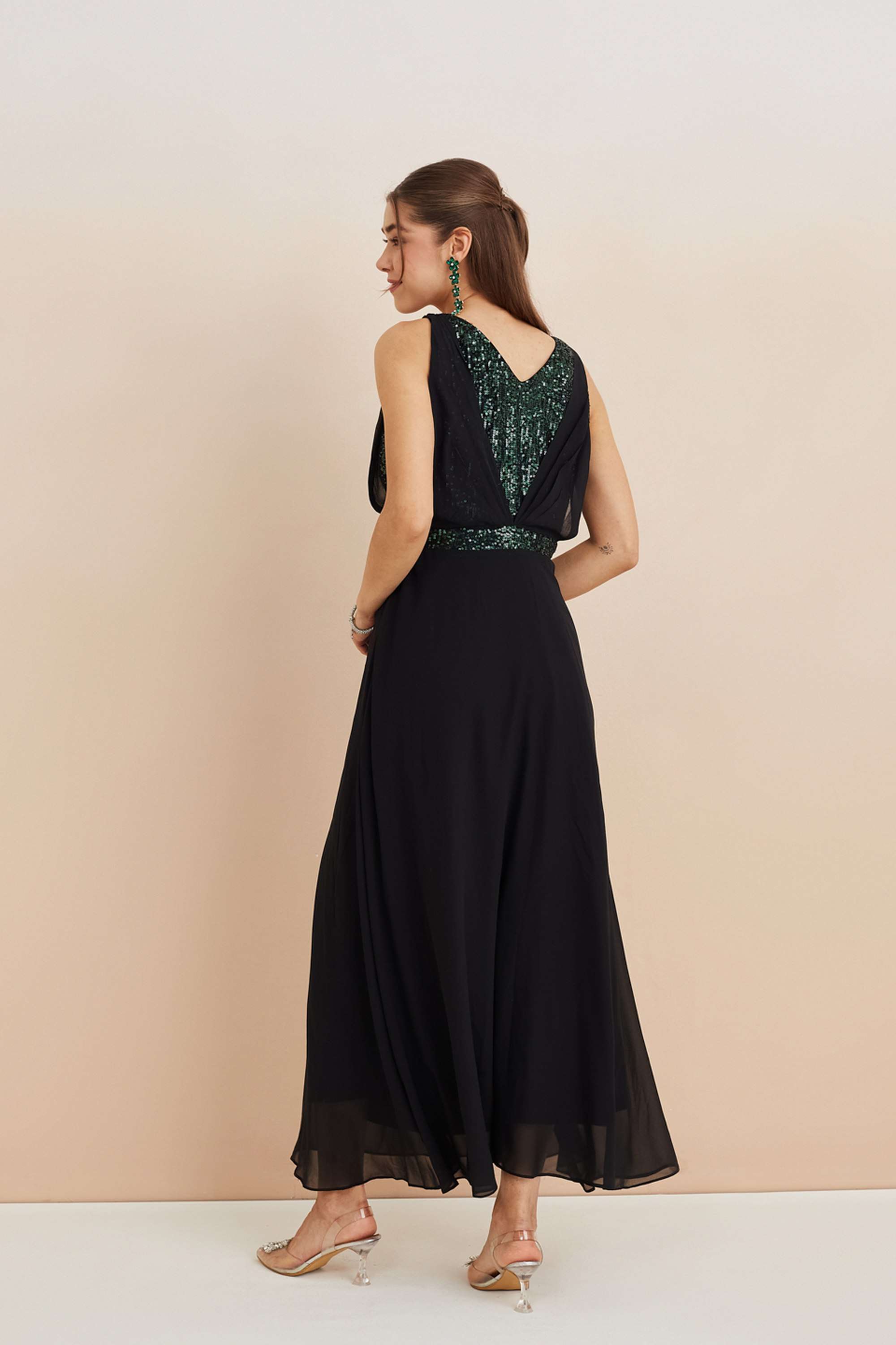 Solid-Polyester-V-Neck-Women-s-Dress