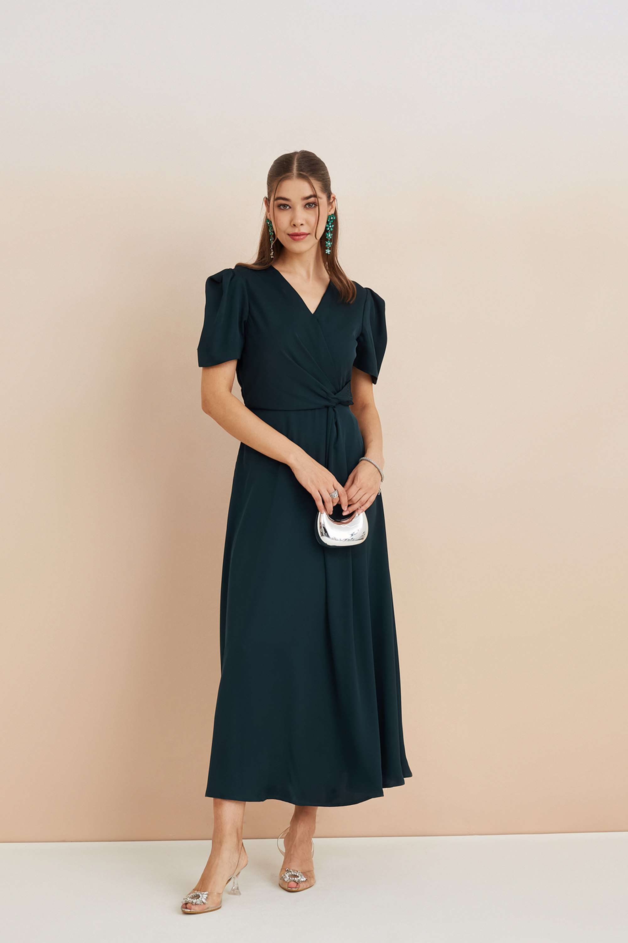 Solid-Polyester-V-Neck-Women-s-Dress