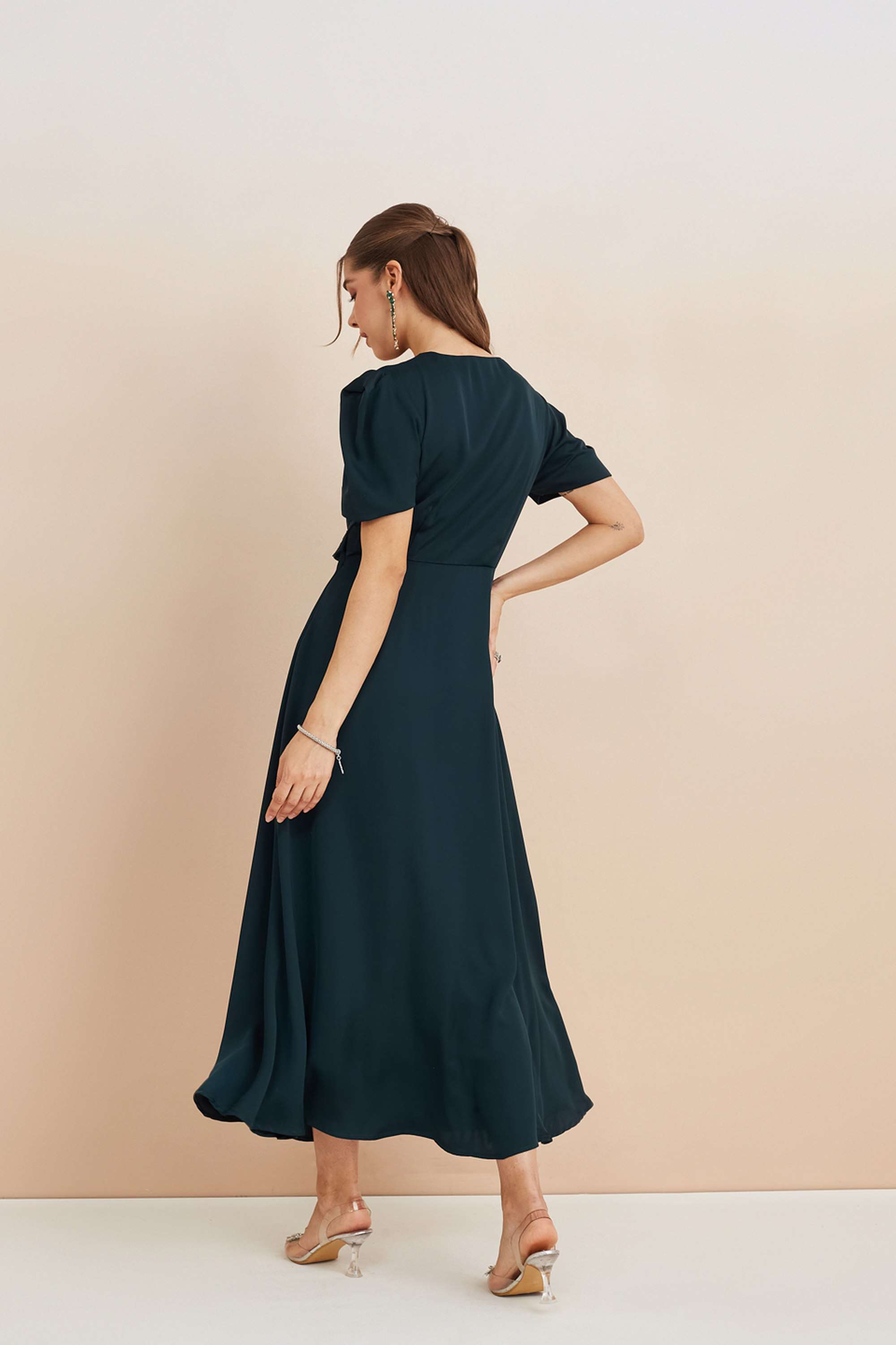 Solid-Polyester-V-Neck-Women-s-Dress