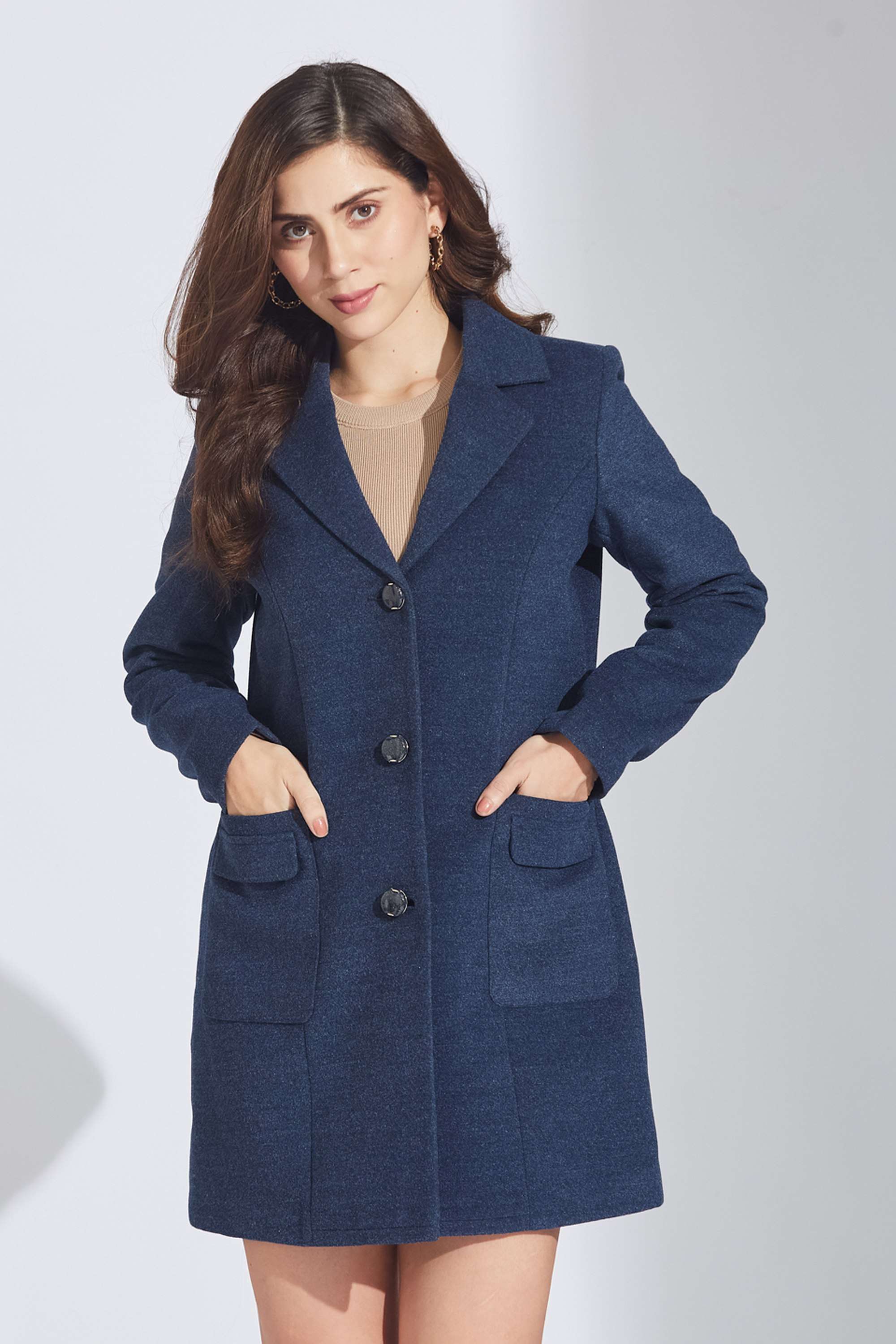 Solid-Polyester-Collared-Women-s-Coat