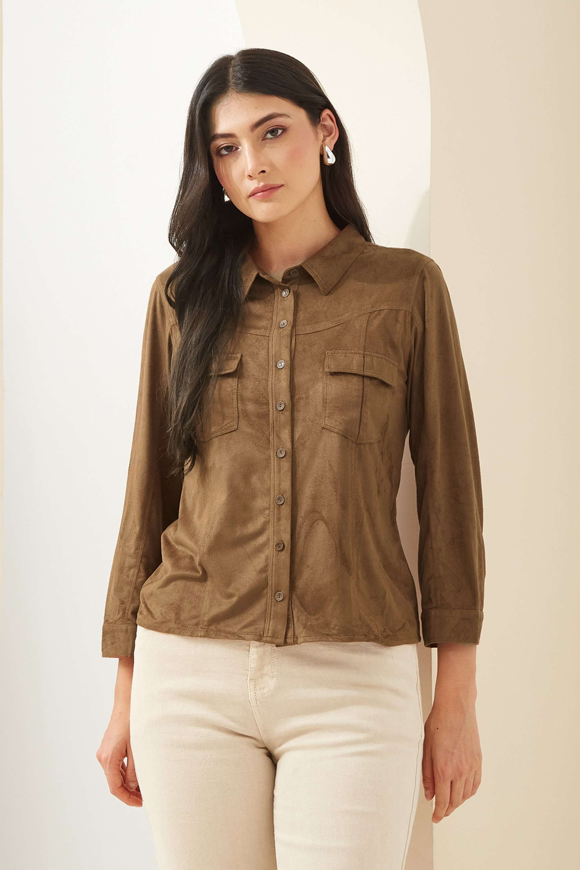 Solid-Polyester-Collared-Regular-Fit-Casual-Wear-Women-Shirt