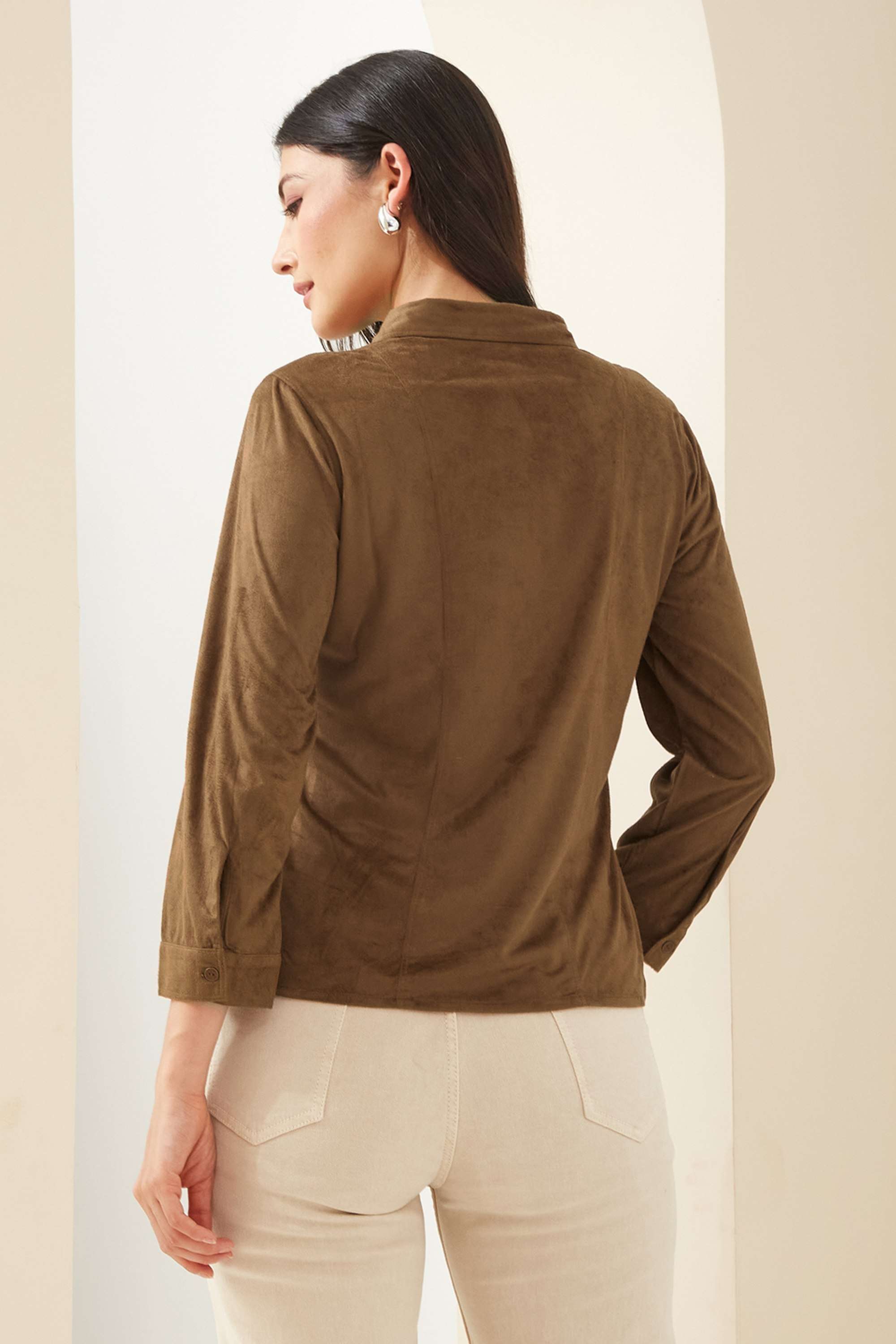 Solid-Polyester-Collared-Regular-Fit-Casual-Wear-Women-Shirt