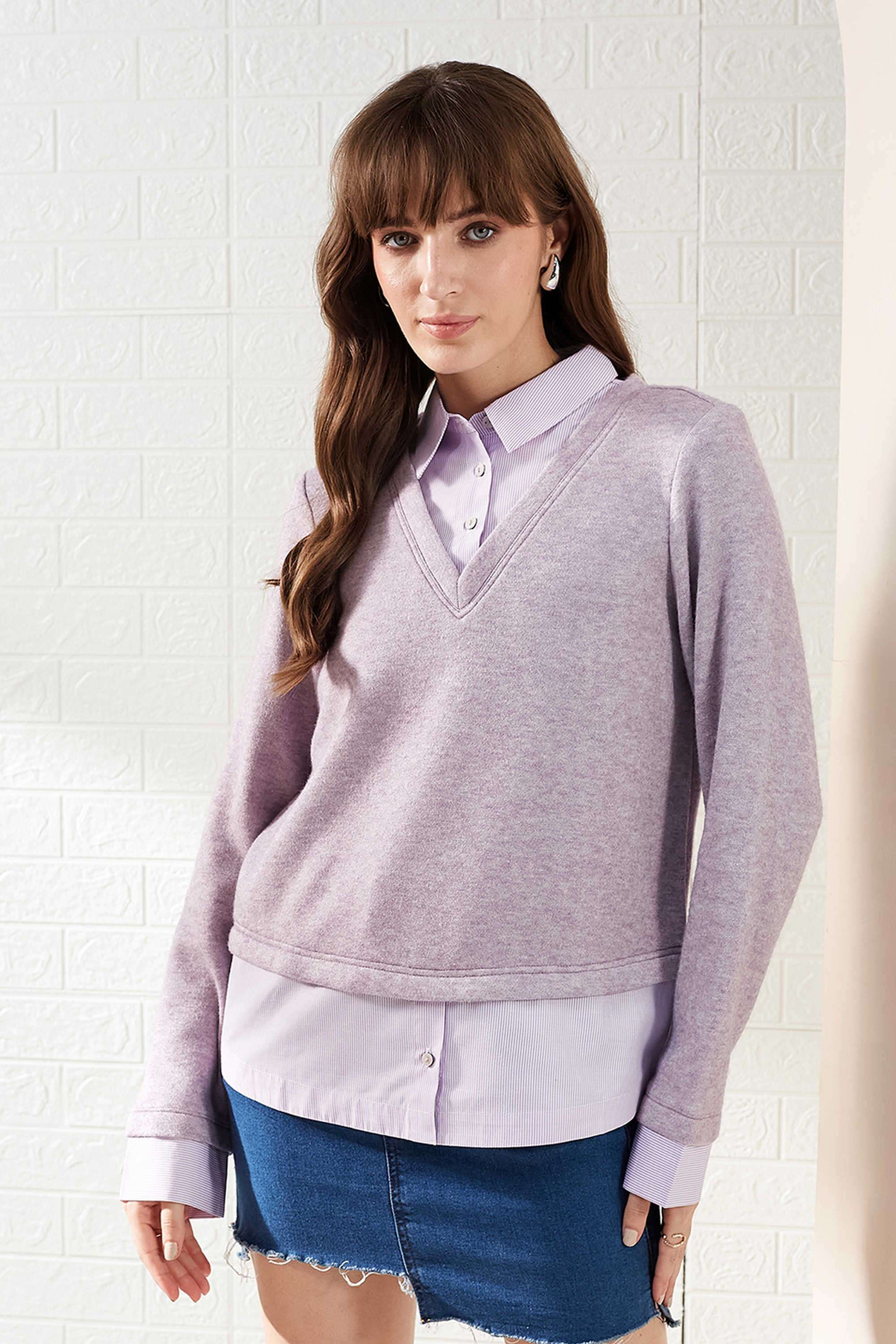 Solid-Collared-Blended-Fabric-Women-s-Casual-Wear-Sweatshirt