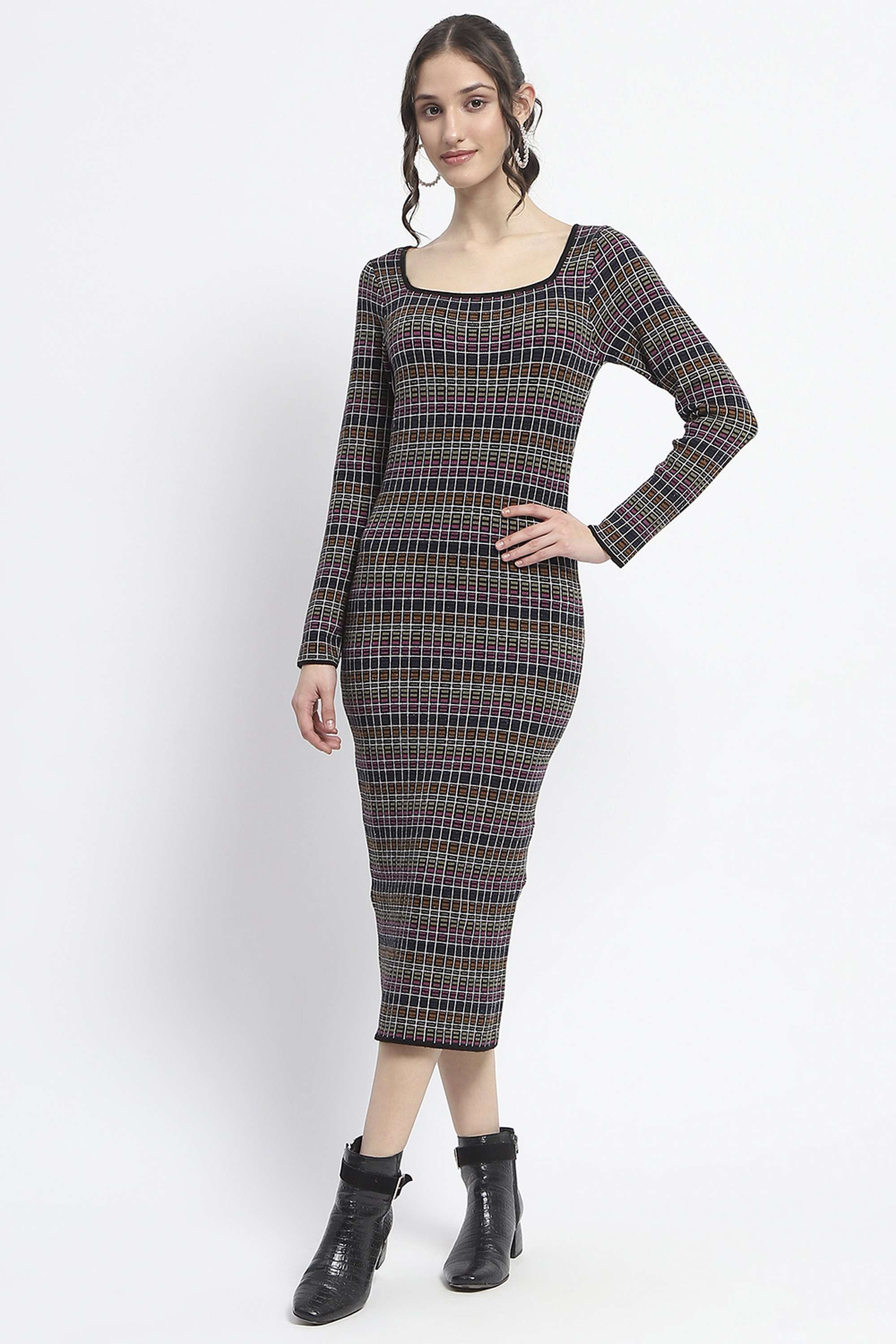 Solid-Viscose-Square-Neck-Women-s-Dress