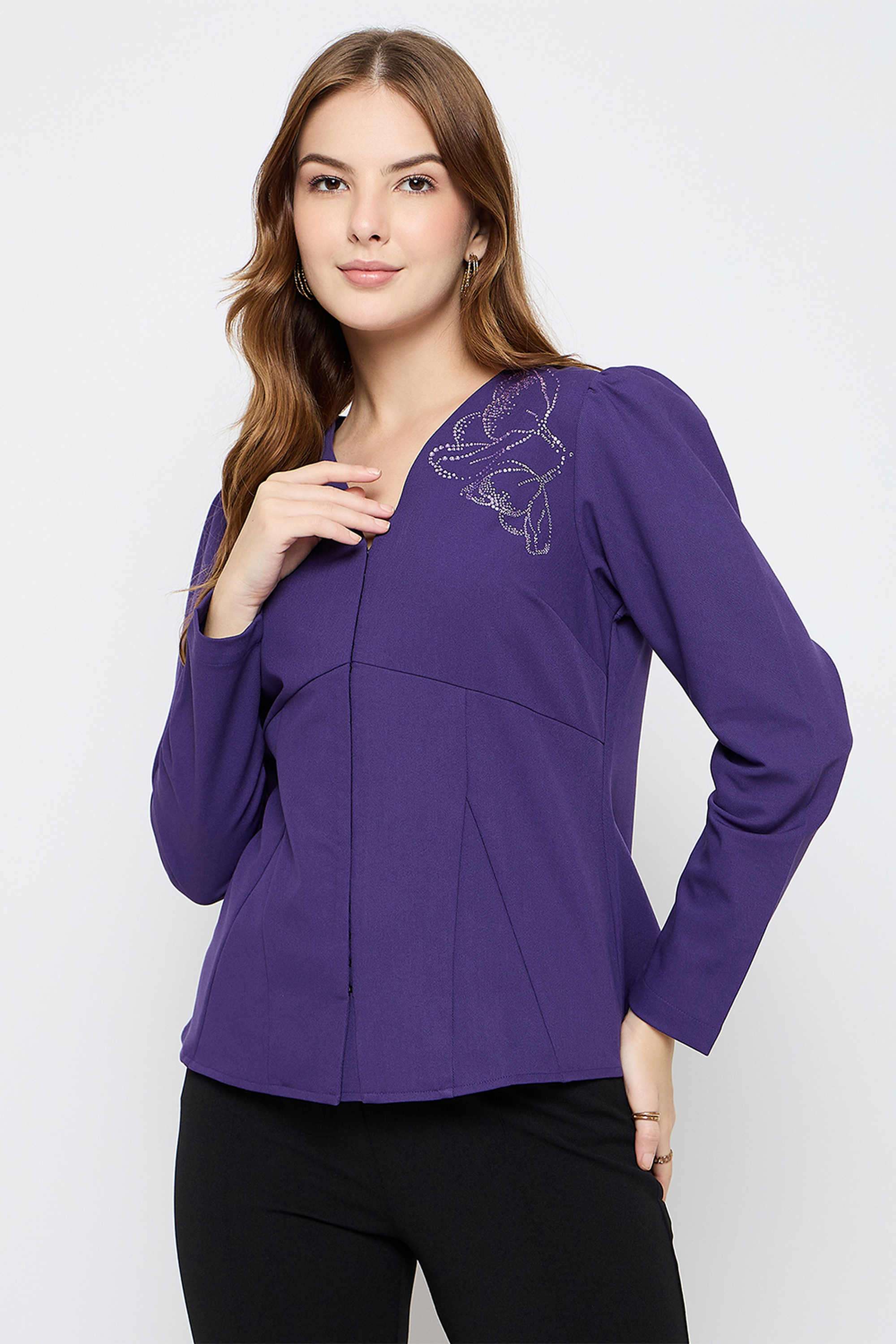 Solid-Polyester-V-Neck-Women-s-Top