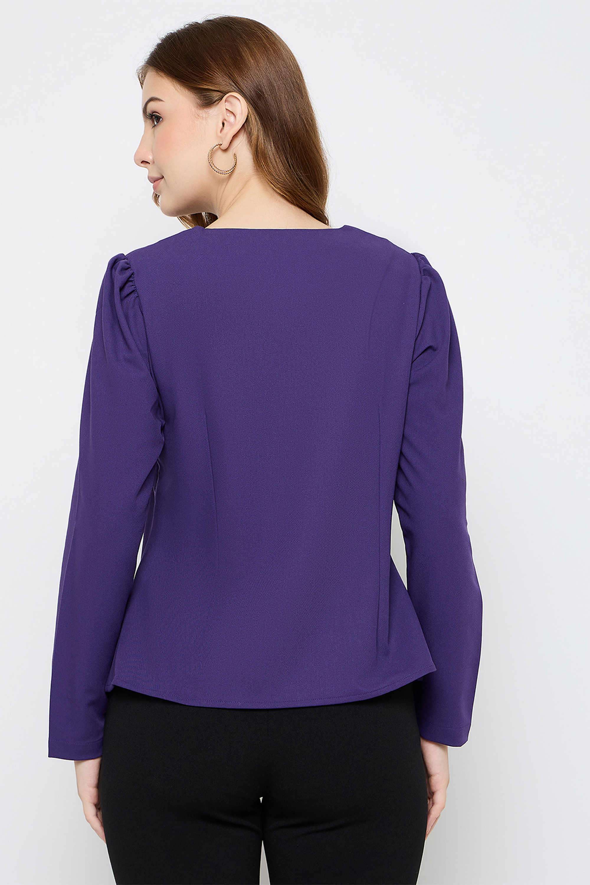 Solid-Polyester-V-Neck-Women-s-Top