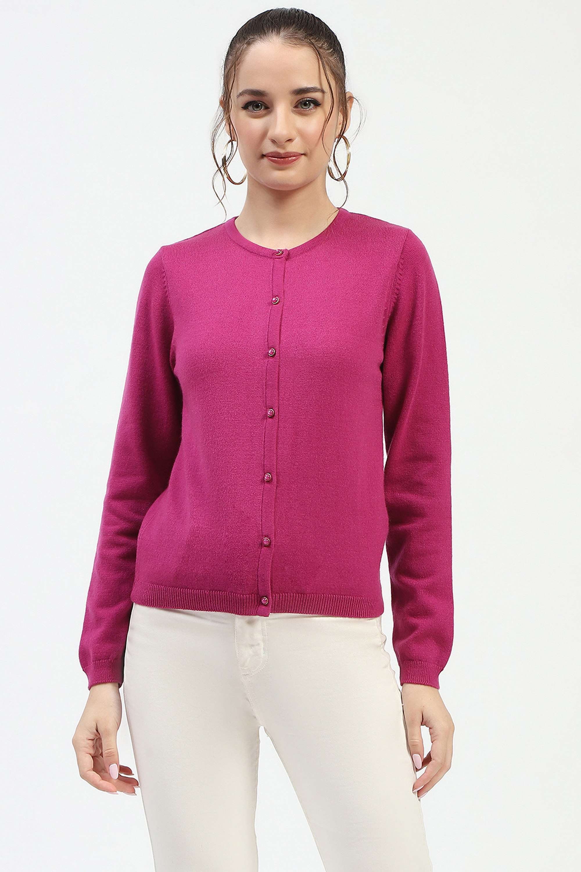 Solid-Acrylic-Round-Neck-Women-s-Cardigan