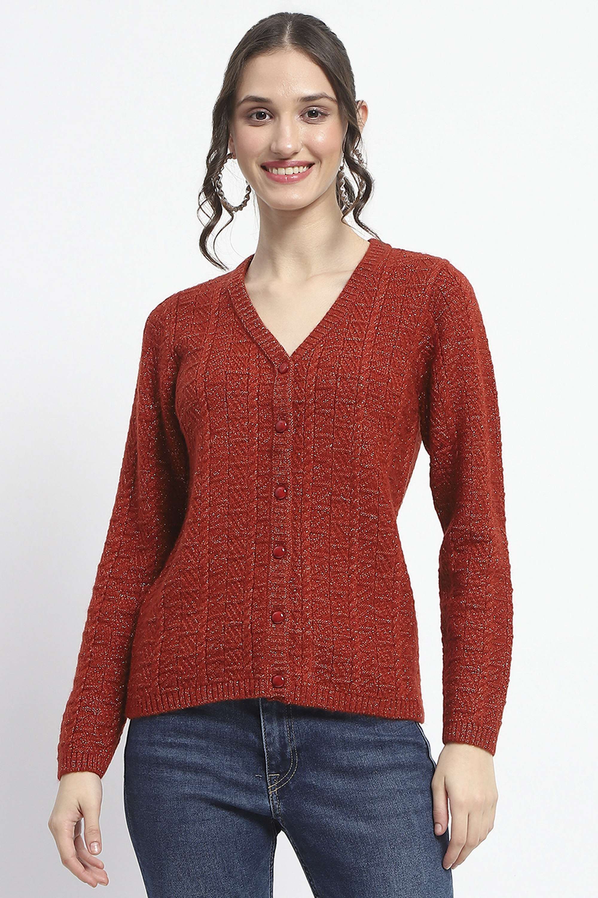 Solid-Acrylic-V-Neck-Women-s-Cardigan