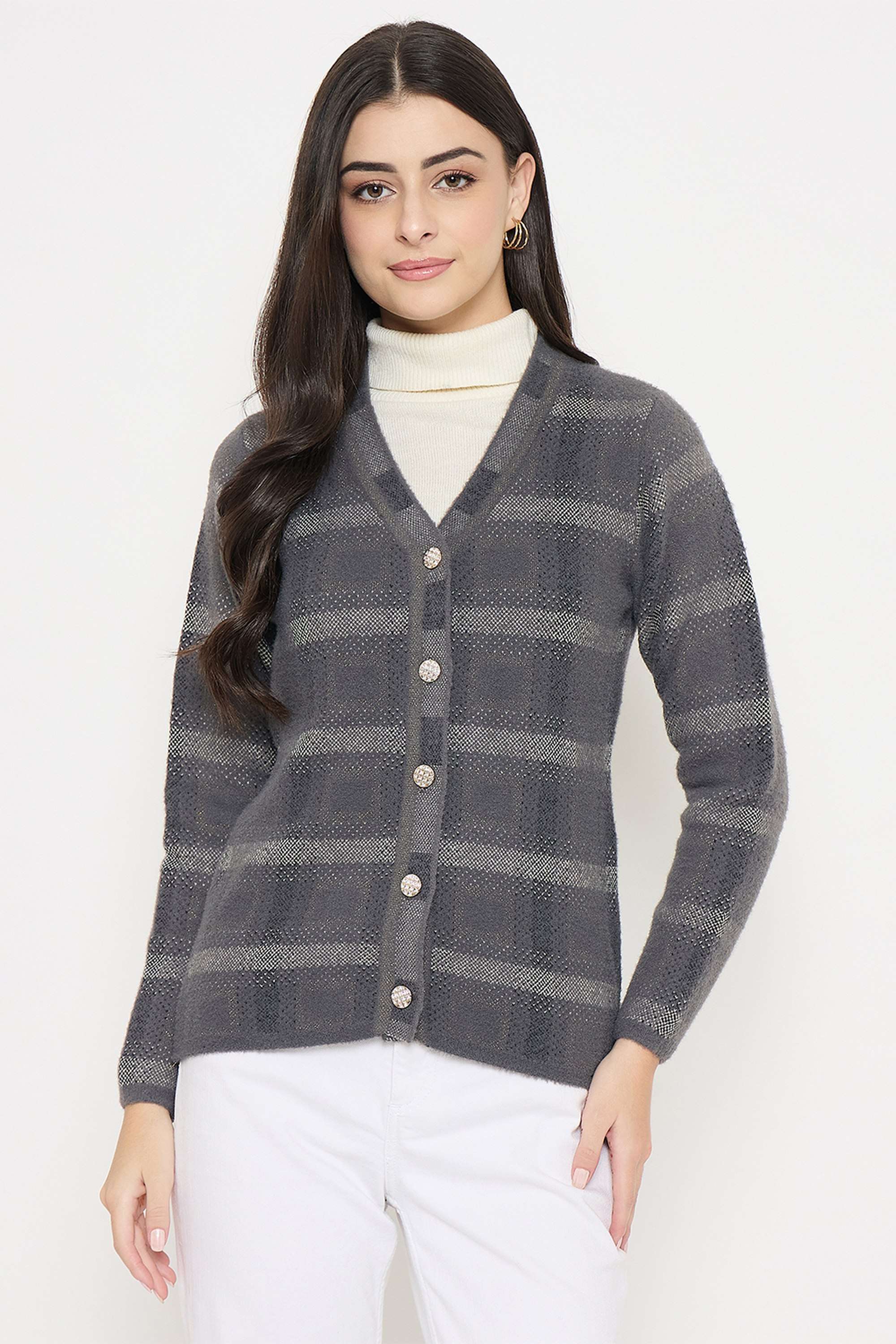 Checks-Acrylic-V-Neck-Women-s-Cardigan
