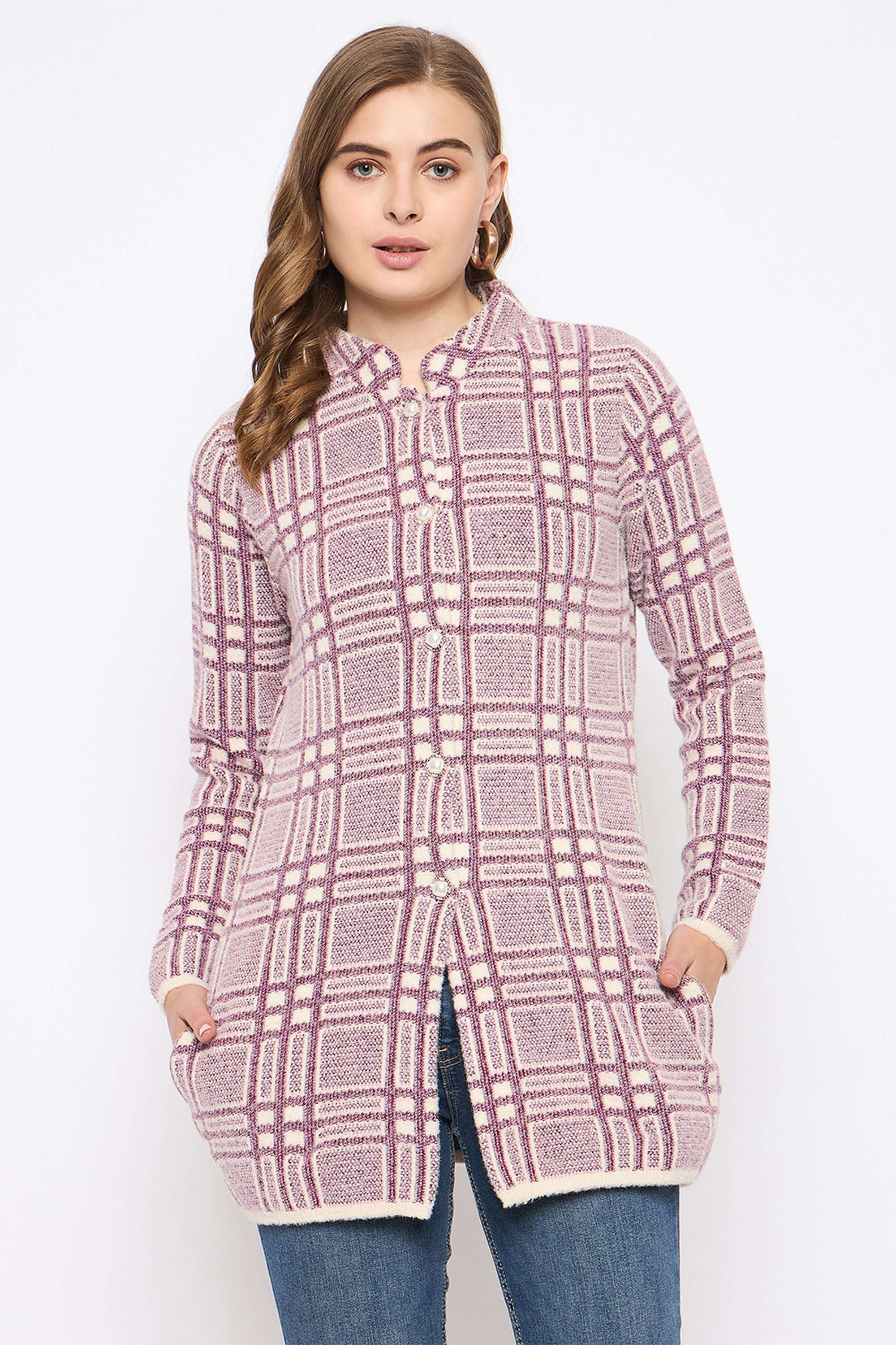 Geometric-Print-Acrylic-V-Neck-Women-s-Cardigan