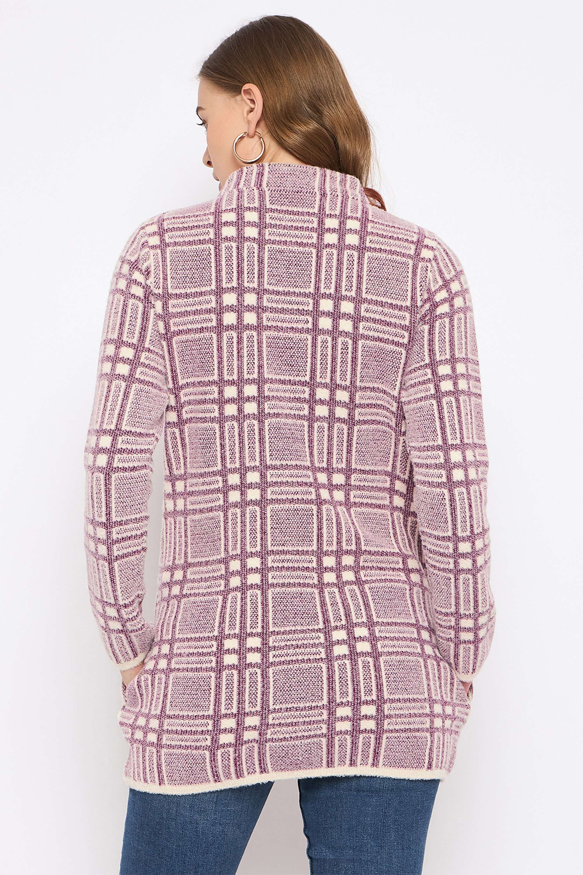 Geometric-Print-Acrylic-V-Neck-Women-s-Cardigan