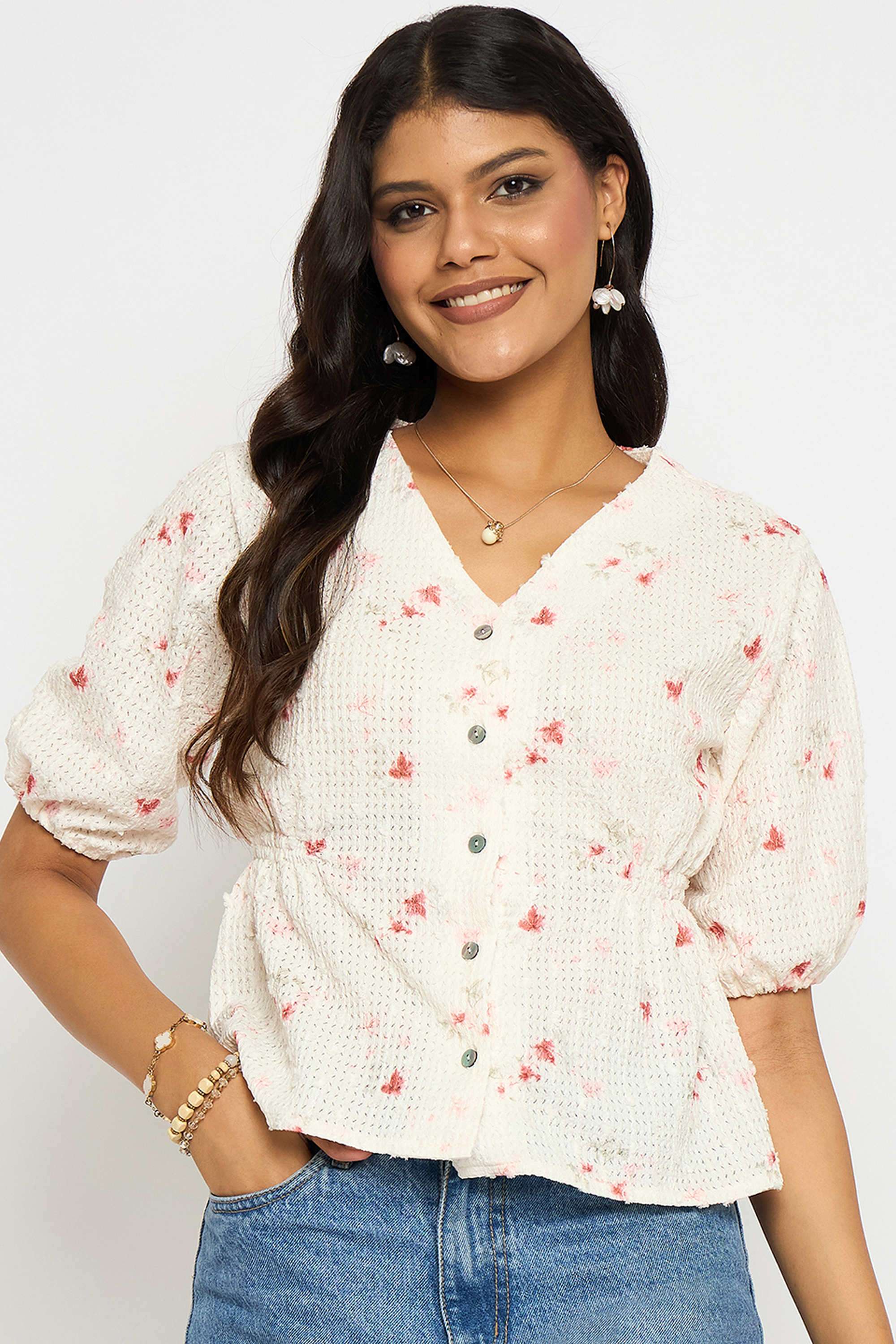 Printed-Polyester-V-Neck-Women-s-Top