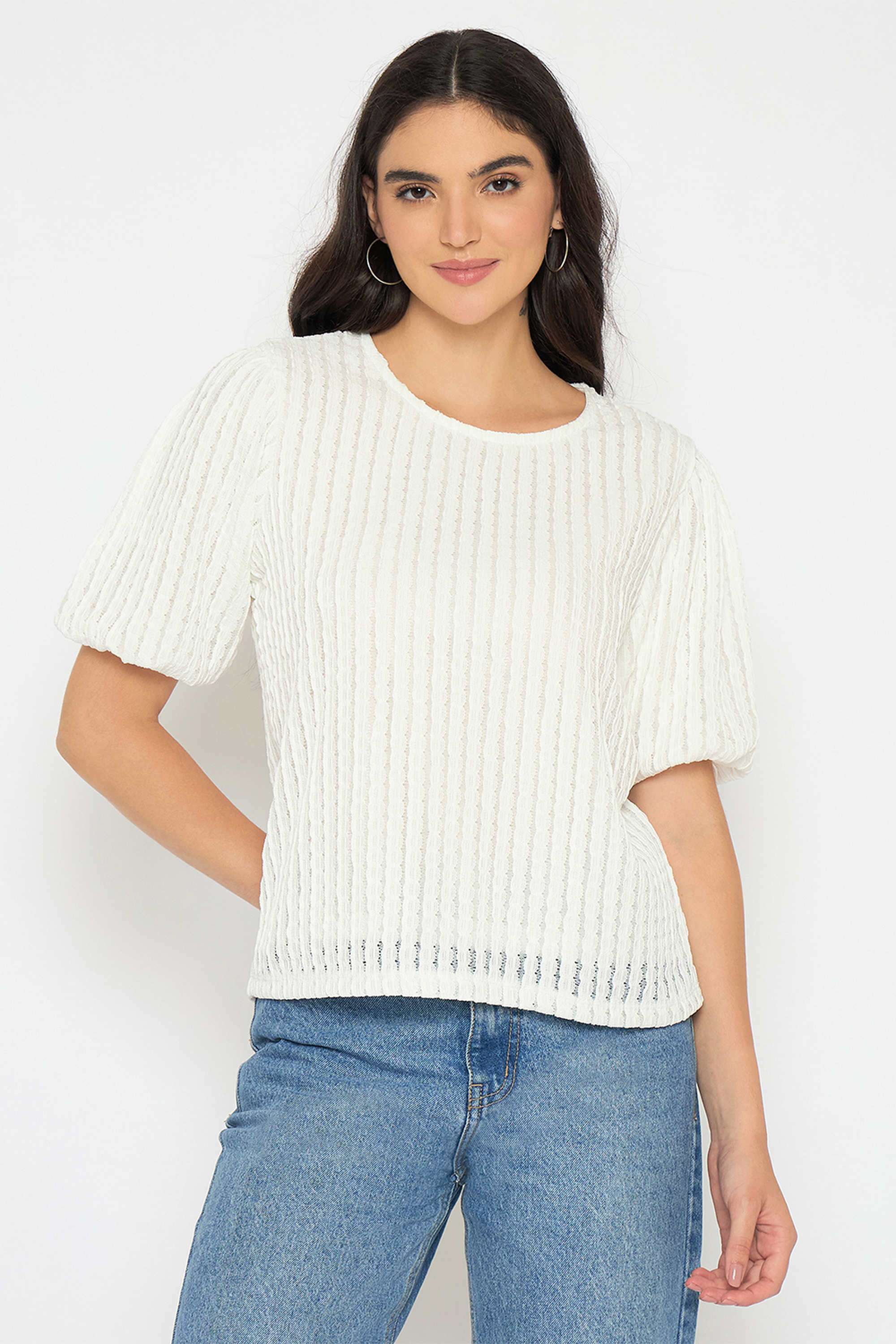 Textured-Polyester-Round-Neck-Women-s-T-Shirt