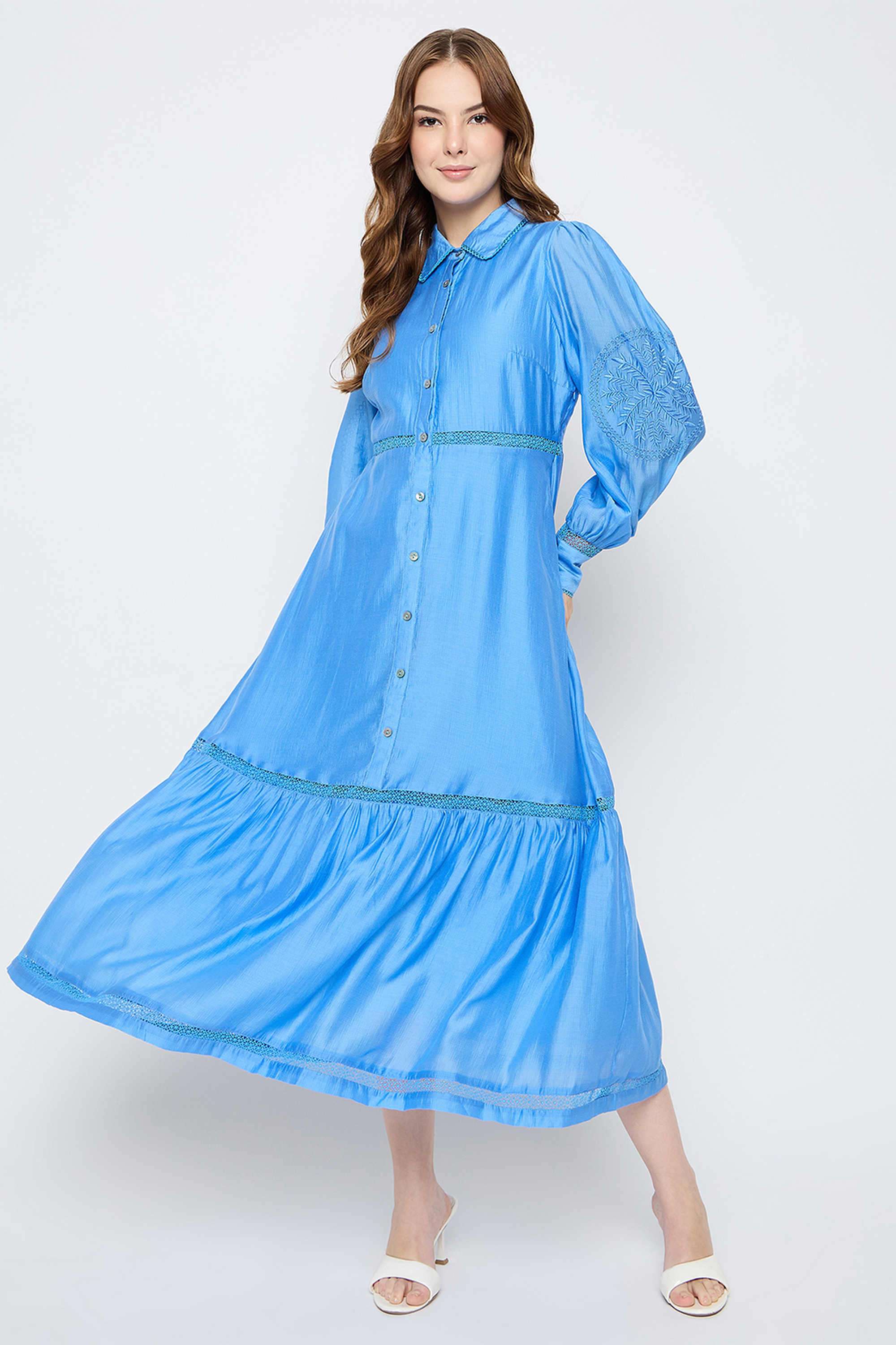 Solid-Polyester-Collared-Women-s-Dress