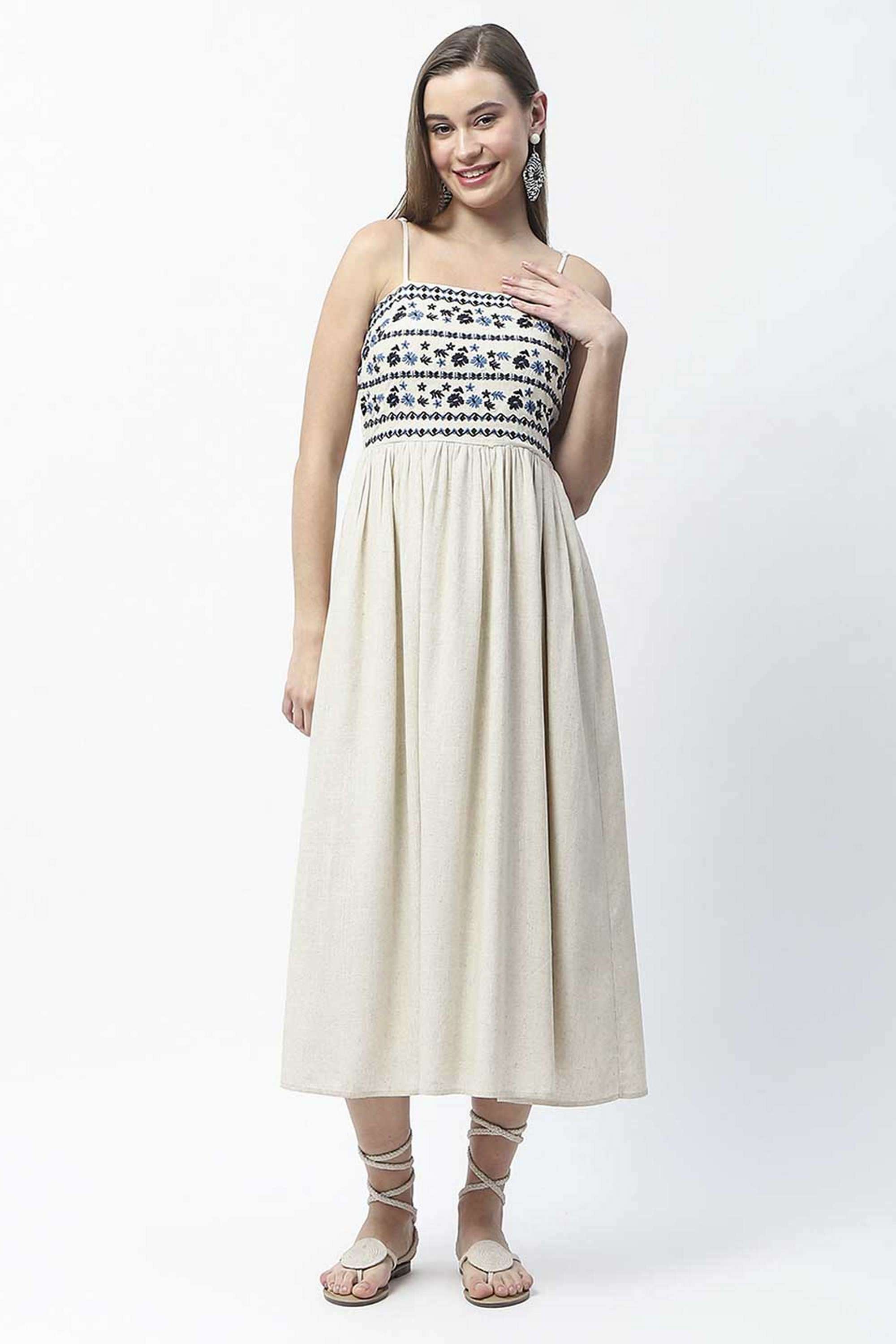 Embroidered-Square-Neck-Rayon-Women-s-Calf-Length-Dress