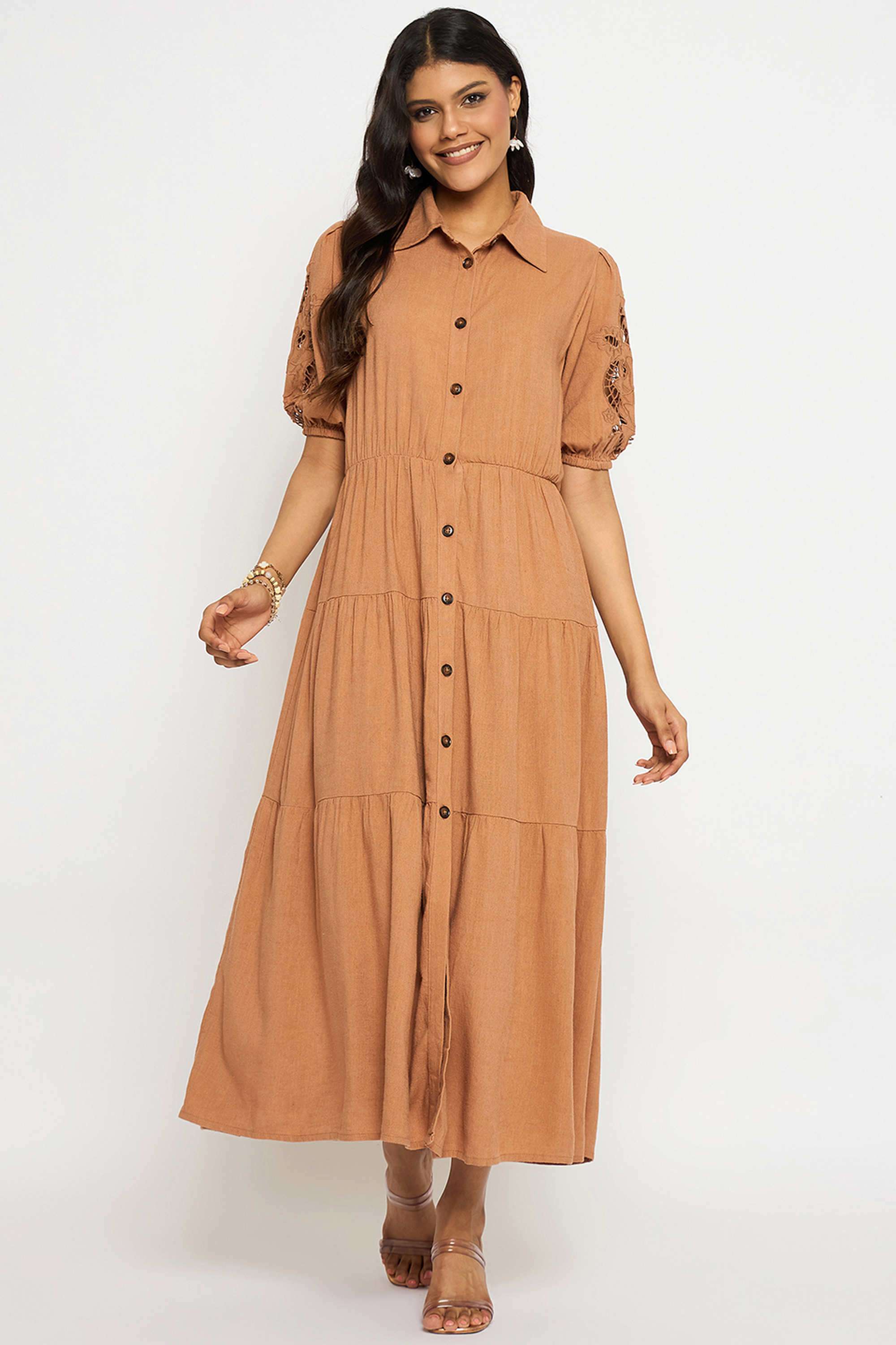 Solid-Spread-Collar-Rayon-Women-s-Calf-Length-Dress