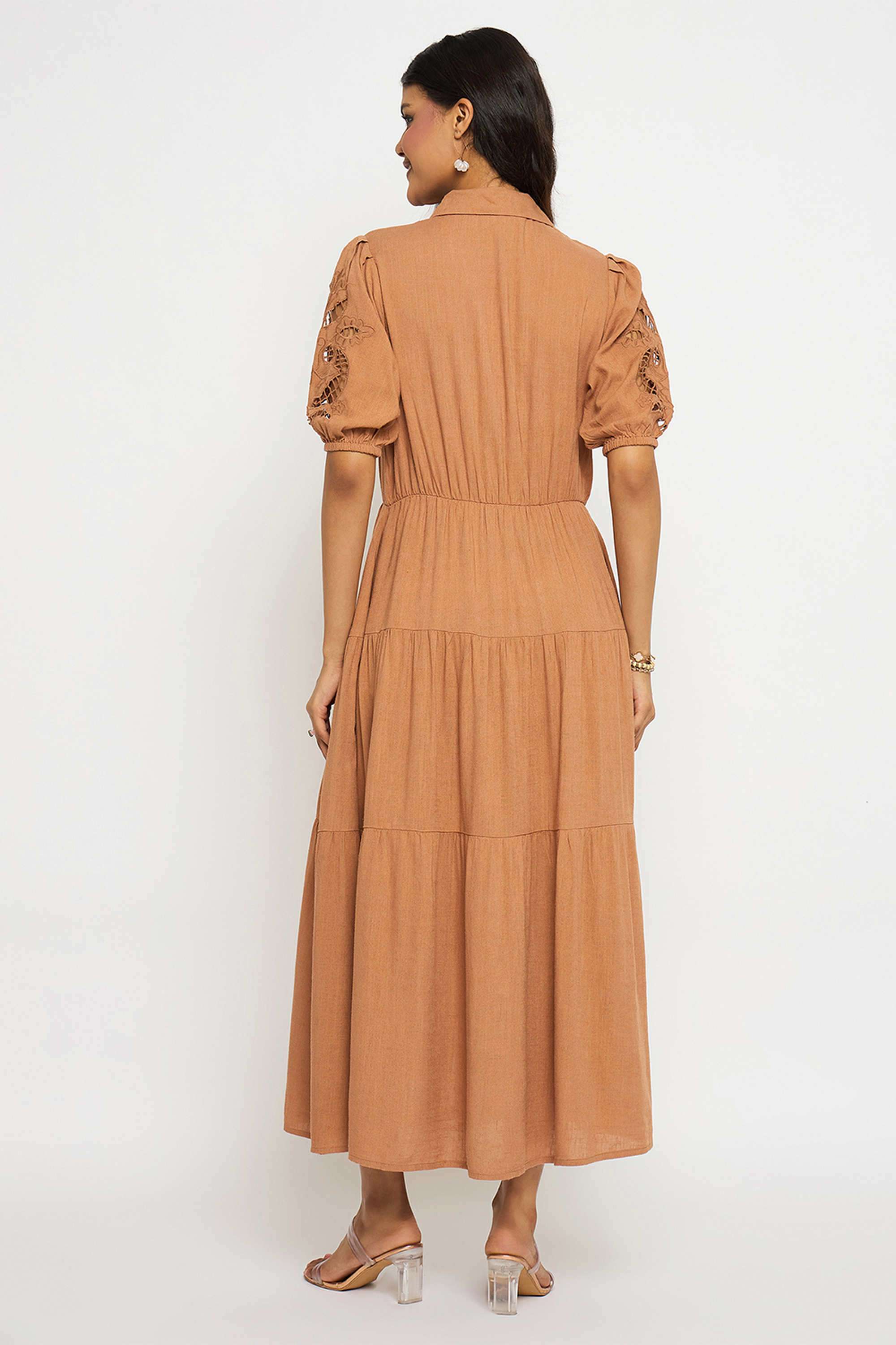 Solid-Spread-Collar-Rayon-Women-s-Calf-Length-Dress