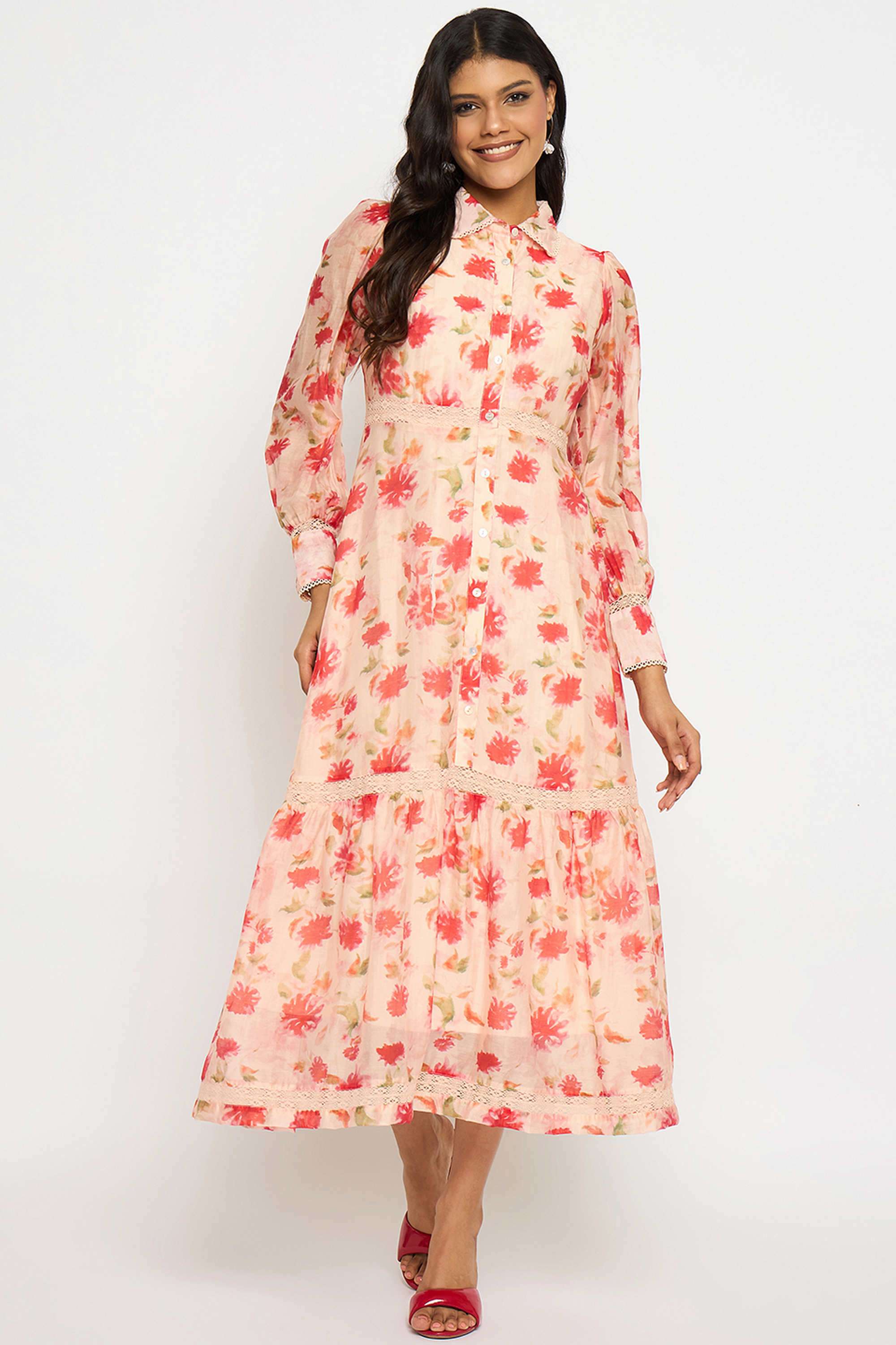 Floral-Spread-Collar-Nylon-Women-s-Calf-Length-Dress