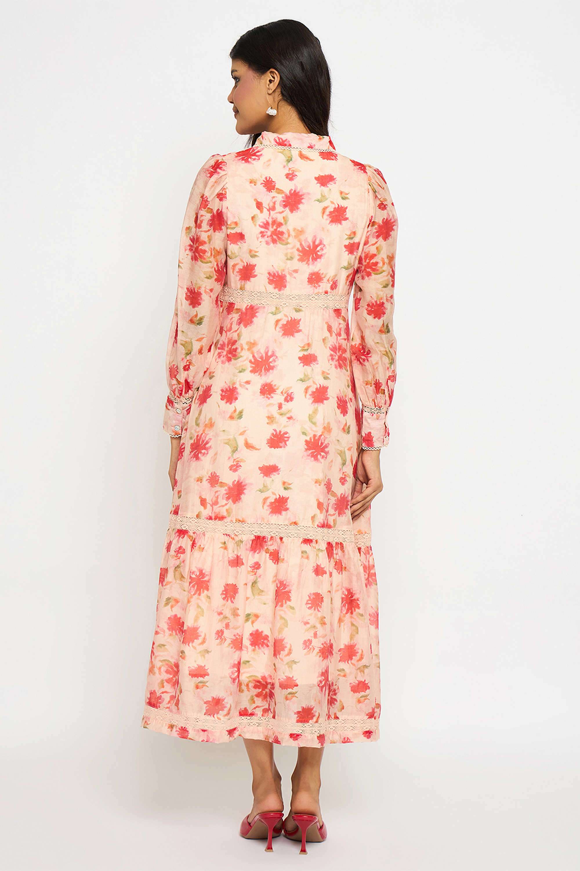Floral-Spread-Collar-Nylon-Women-s-Calf-Length-Dress