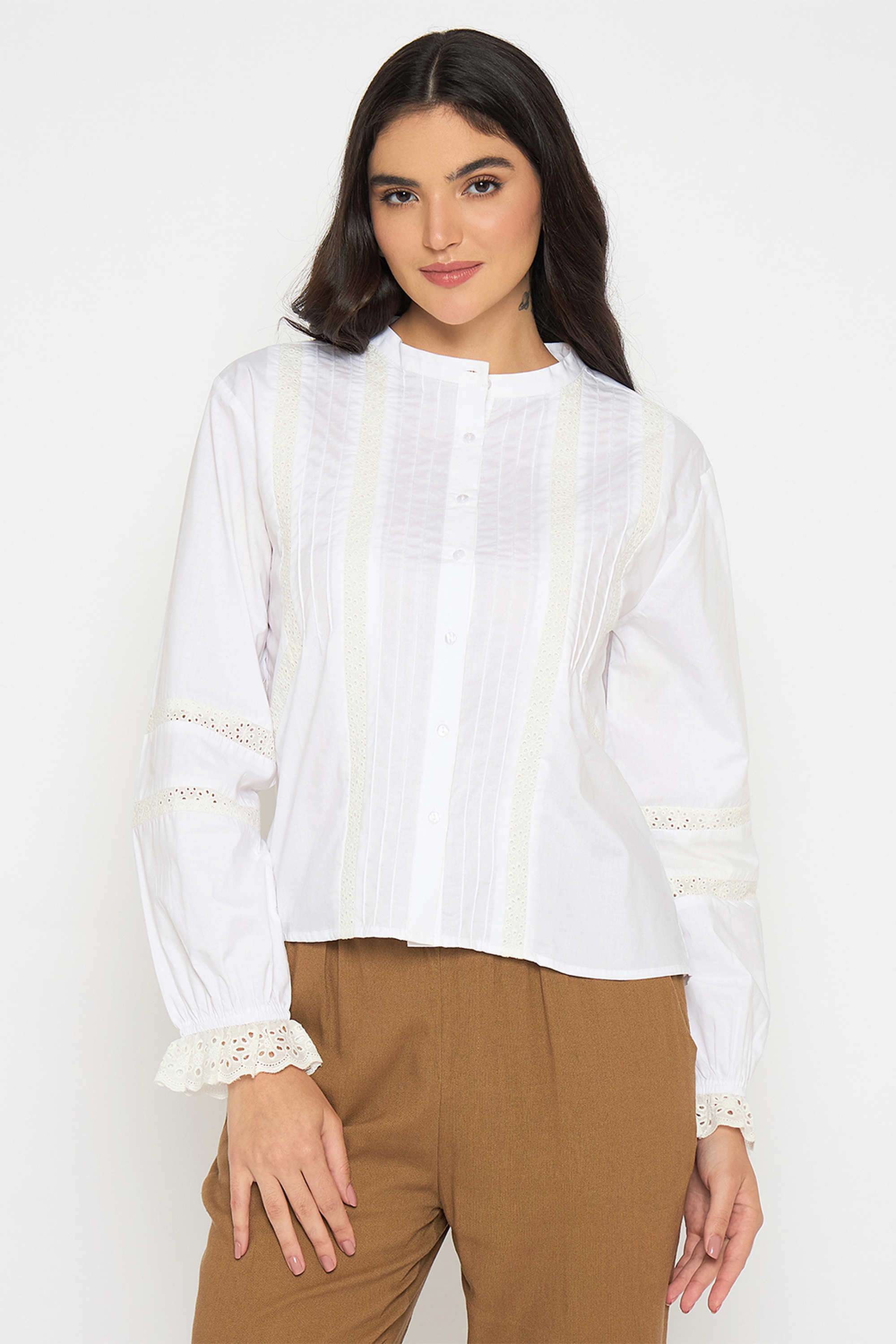 Embroidered-Mandarin-Collar-Cotton-Women-s-Casual-Wear-Shirt
