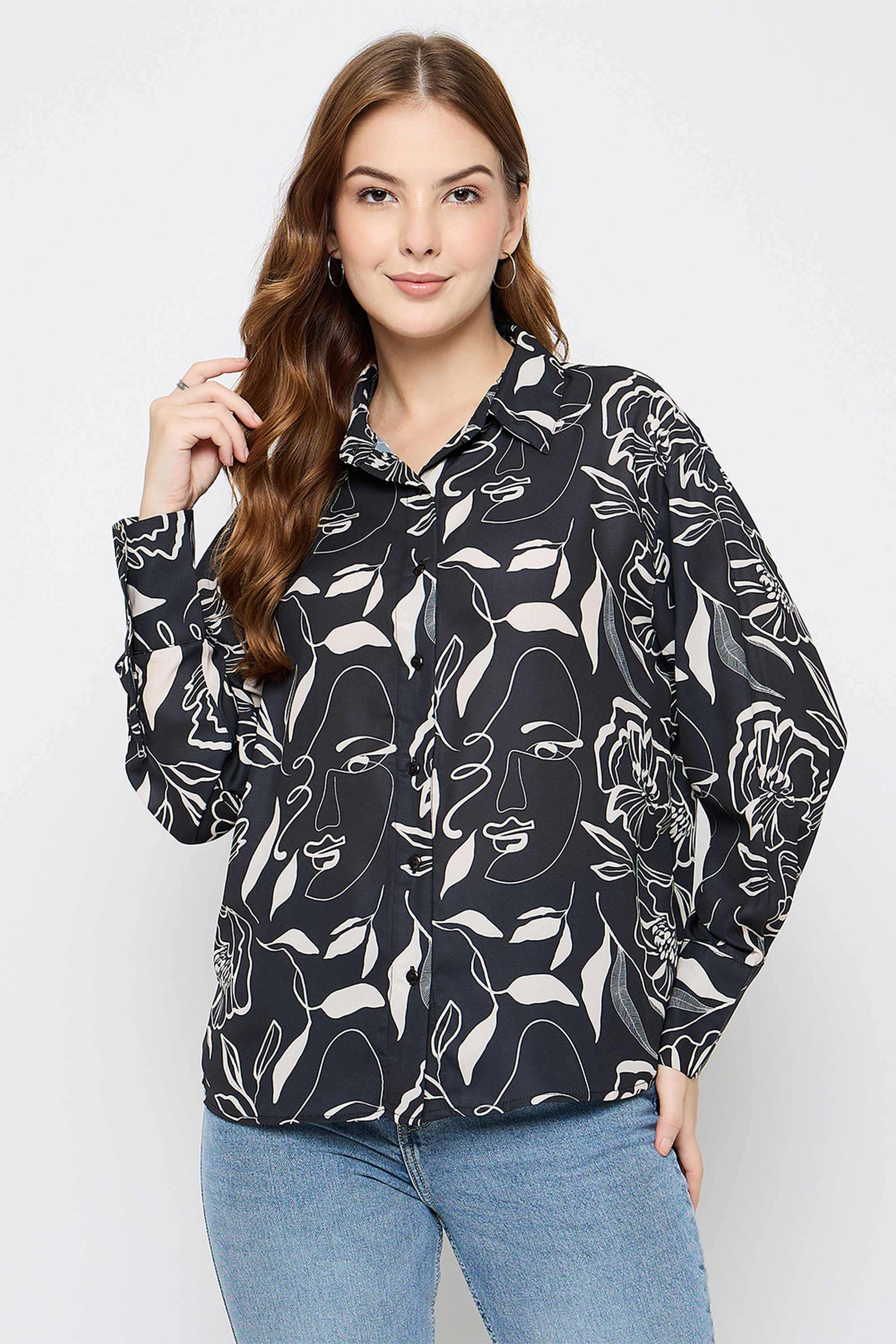 Floral-Polyester-Collared-Women-s-Shirt