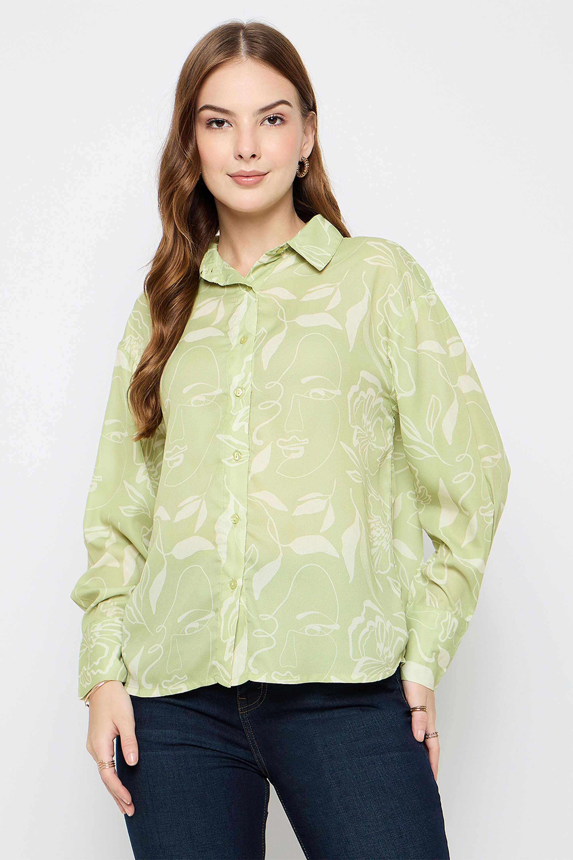 Floral-Polyester-Collared-Women-s-Shirt