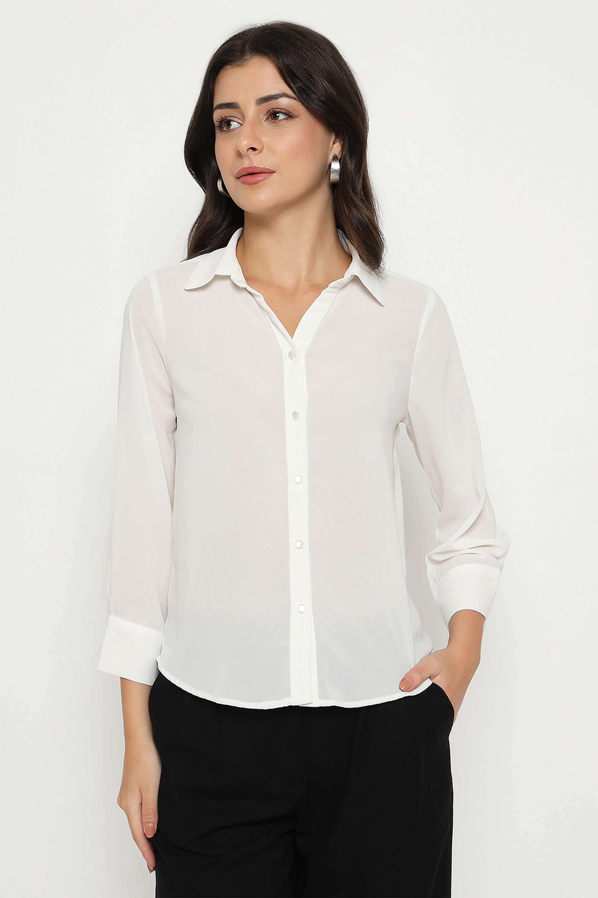 Solid-Classic-Collar-Polyester-Women-s-Casual-Wear-Shirt