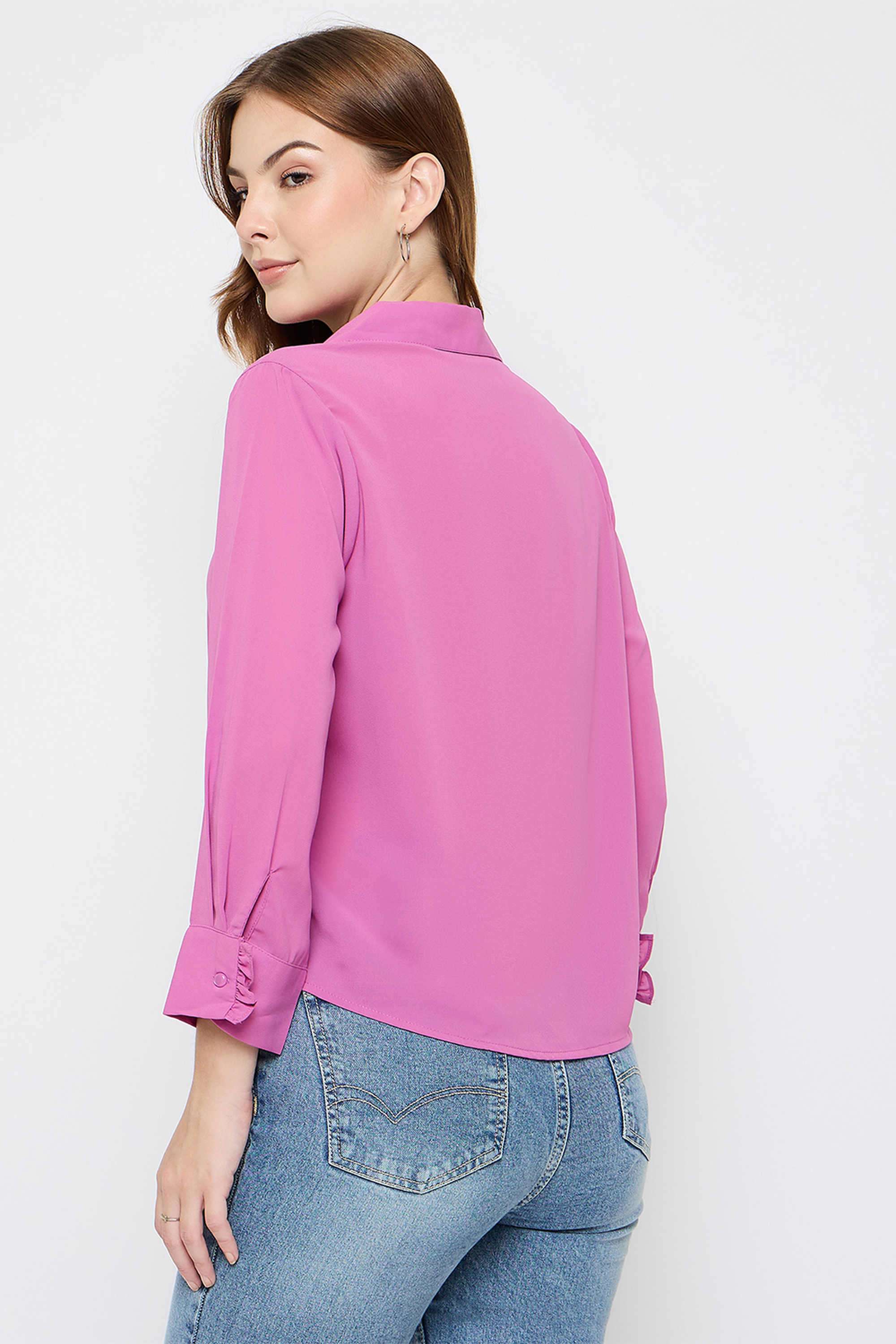 Solid-Collared-Polyester-Women-Casual-Wear-Shirt