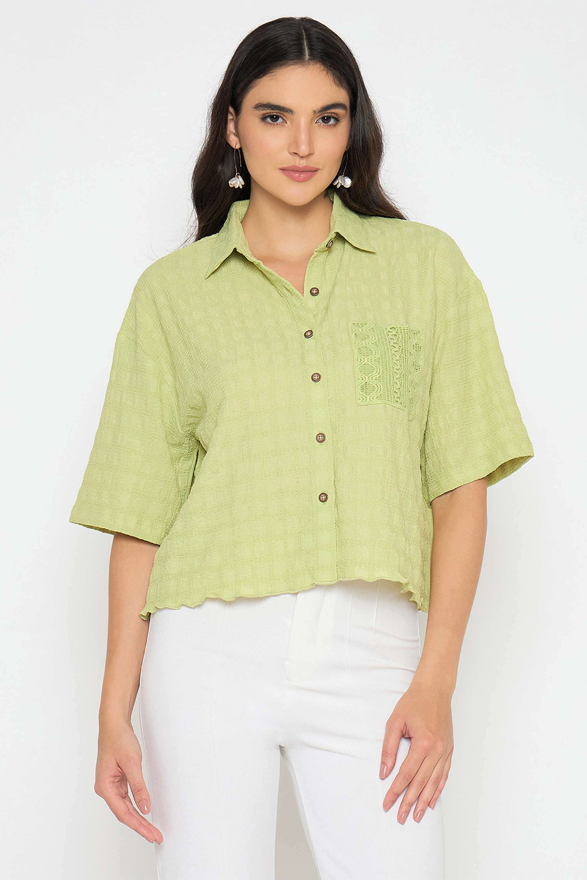 Textured-Classic-Collar-Polyester-Women-s-Casual-Wear-Shirt