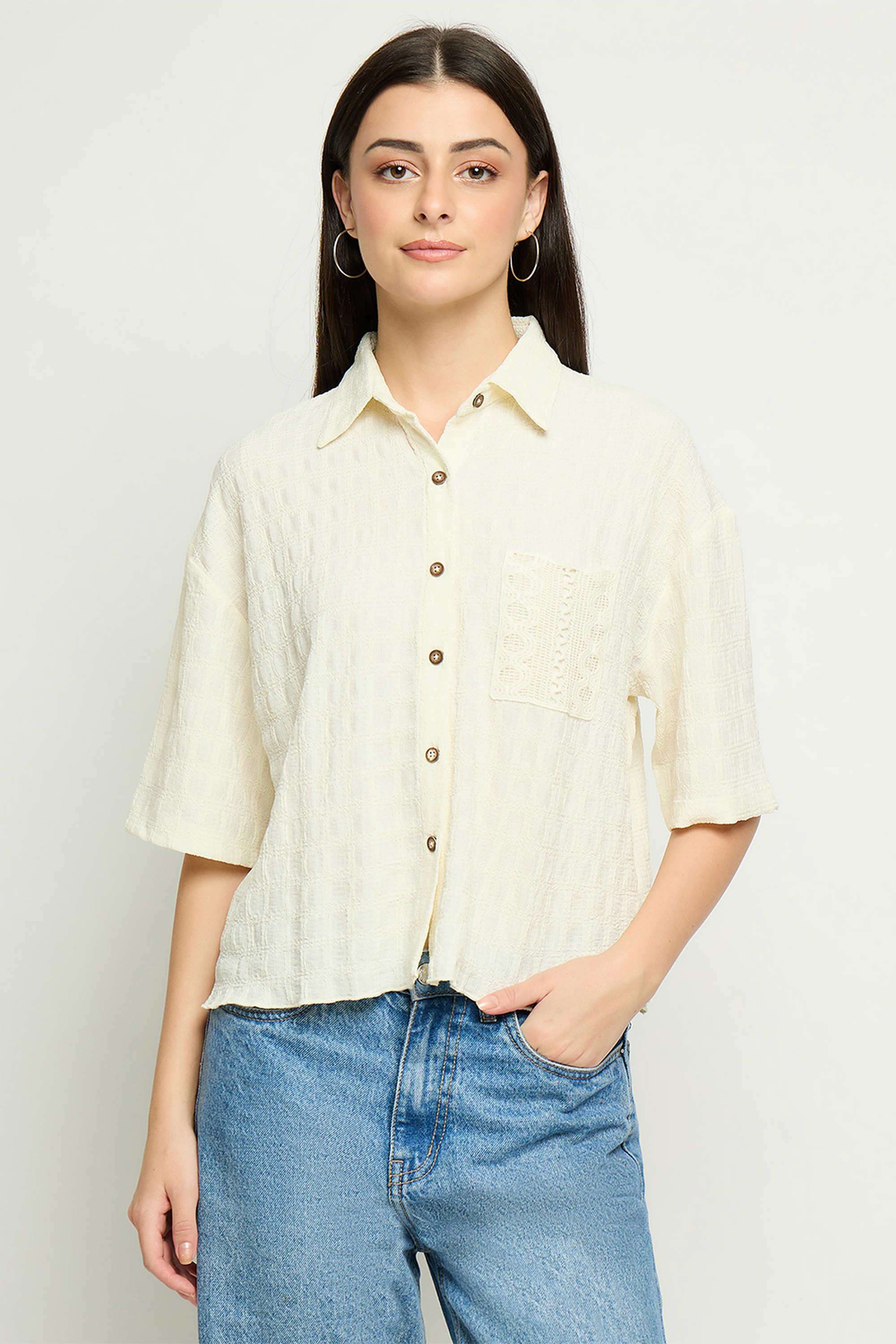 Textured-Classic-Collar-Polyester-Women-s-Casual-Wear-Shirt