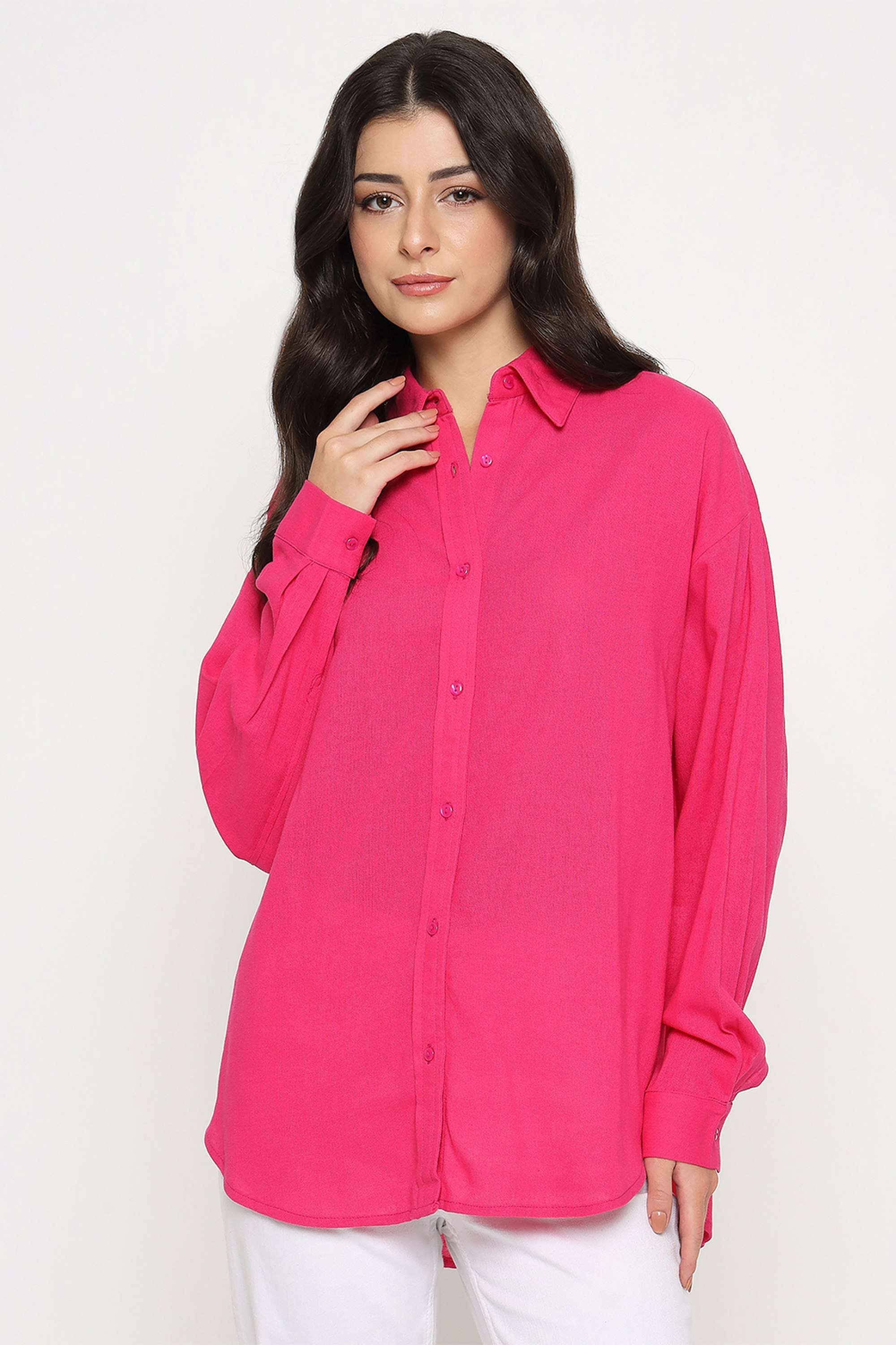 Solid-Spread-Collar-Rayon-Women-s-Casual-Wear-Shirt
