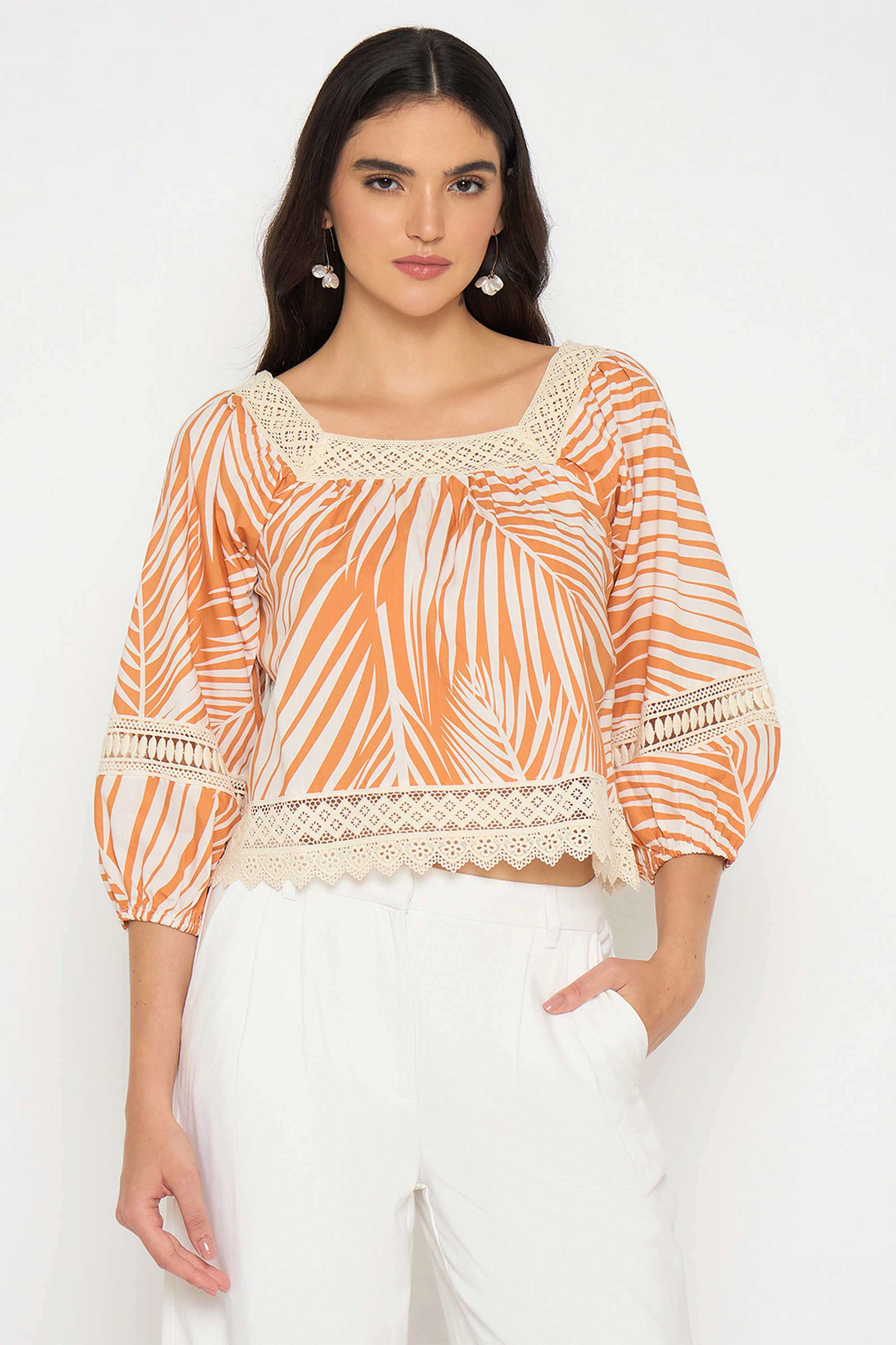 Botanical-Printed-Cotton-Square-Neck-Women-s-Top