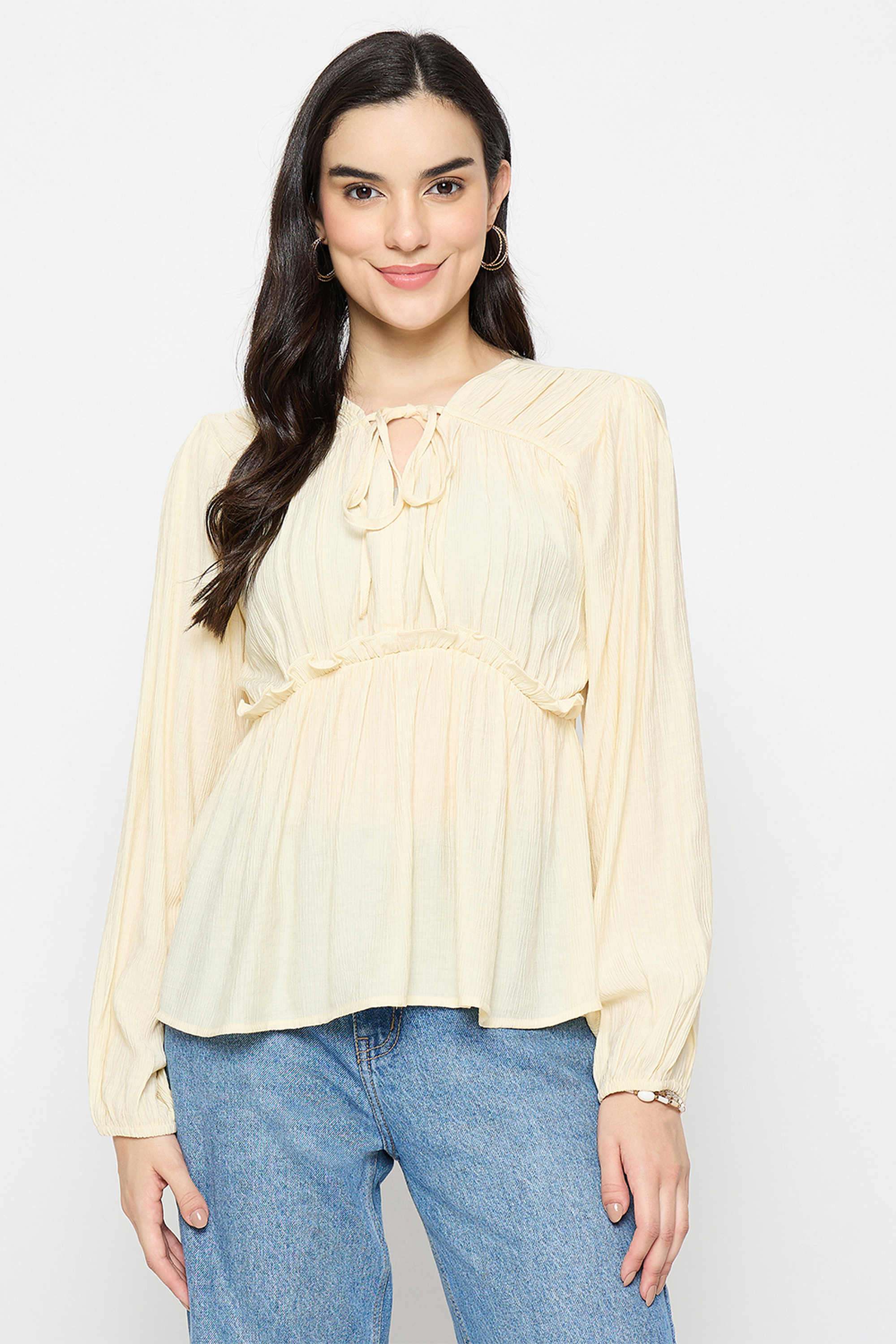 Solid-Polyester-V-Neck-Women-s-Top