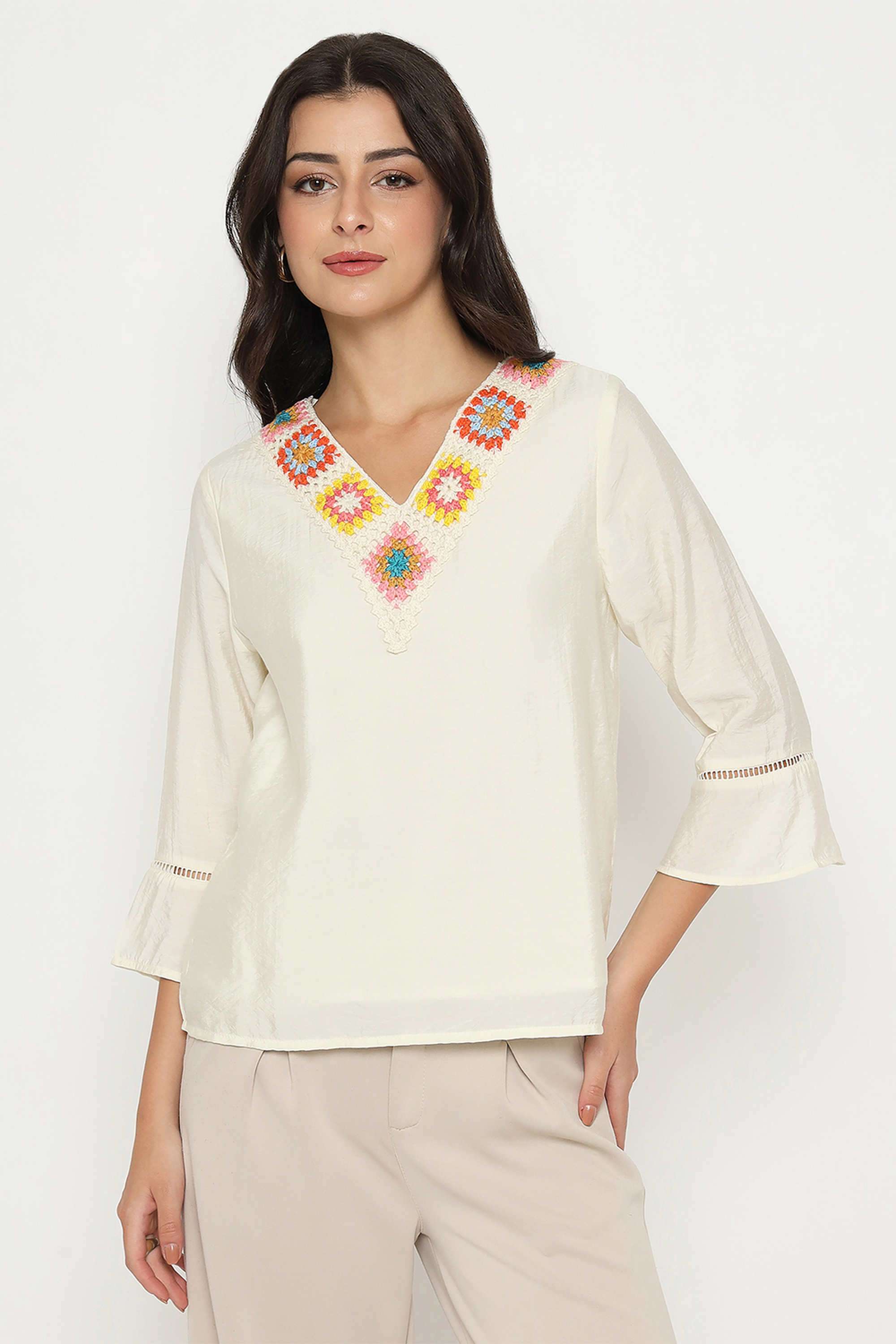 Embroidered-Rayon-V-Neck-Women-s-Top