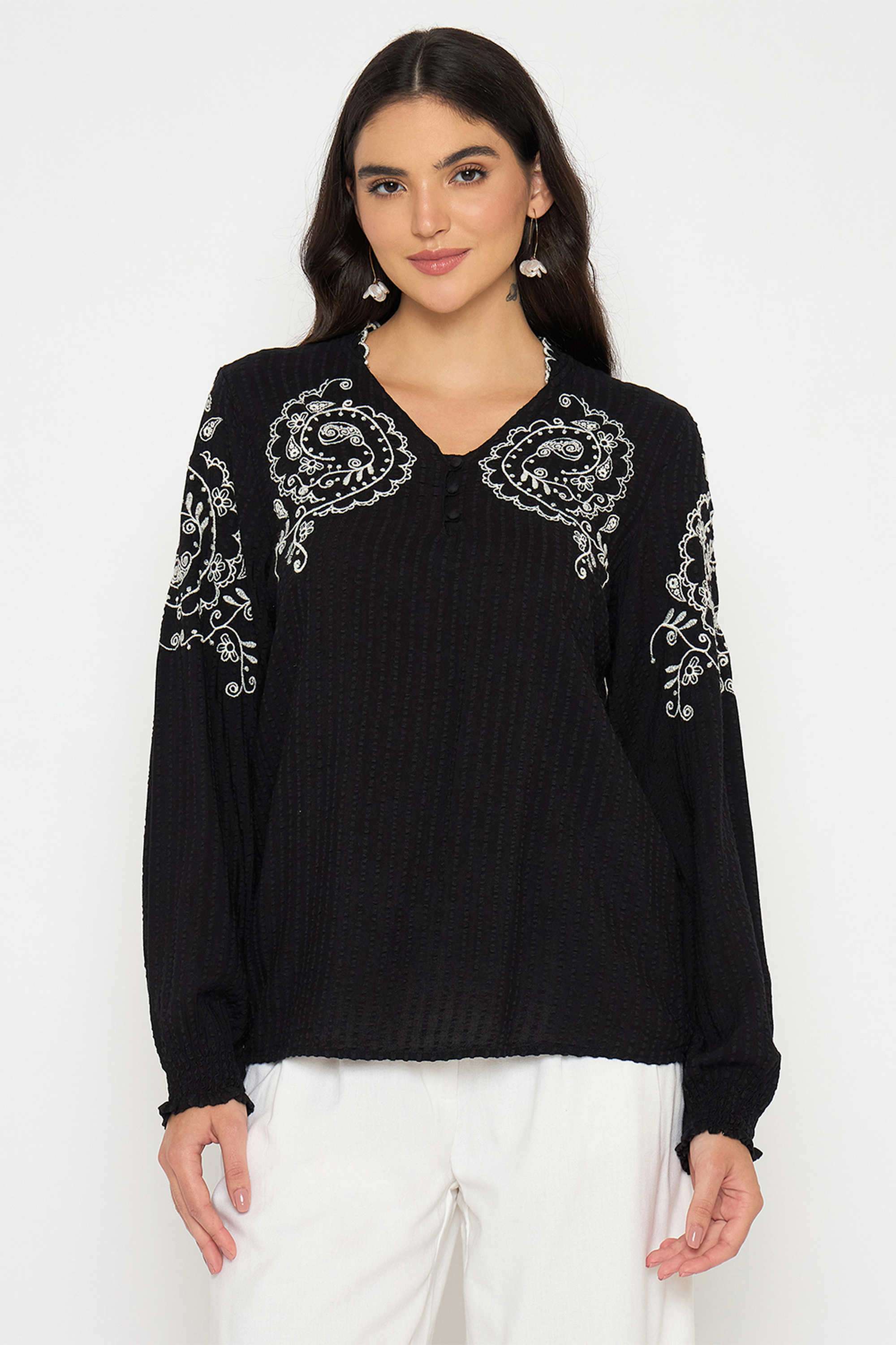Embroidered-Viscose-V-Neck-Women-s-Top