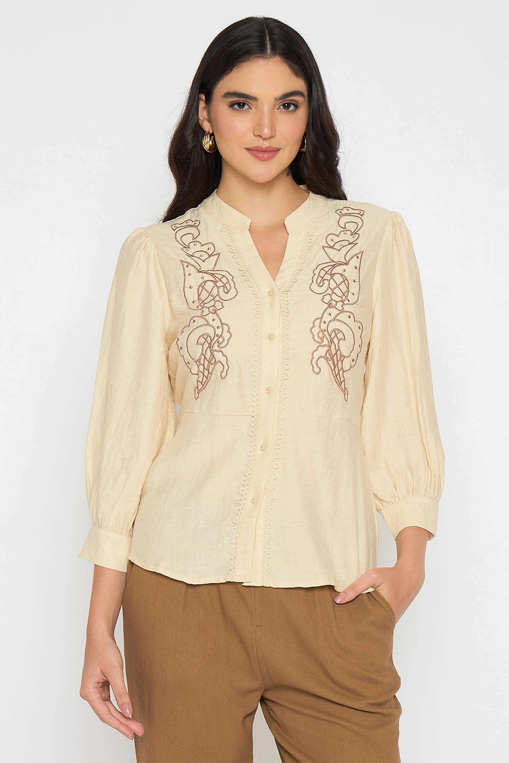 Embroidered-Cotton-V-Neck-Women-s-Top