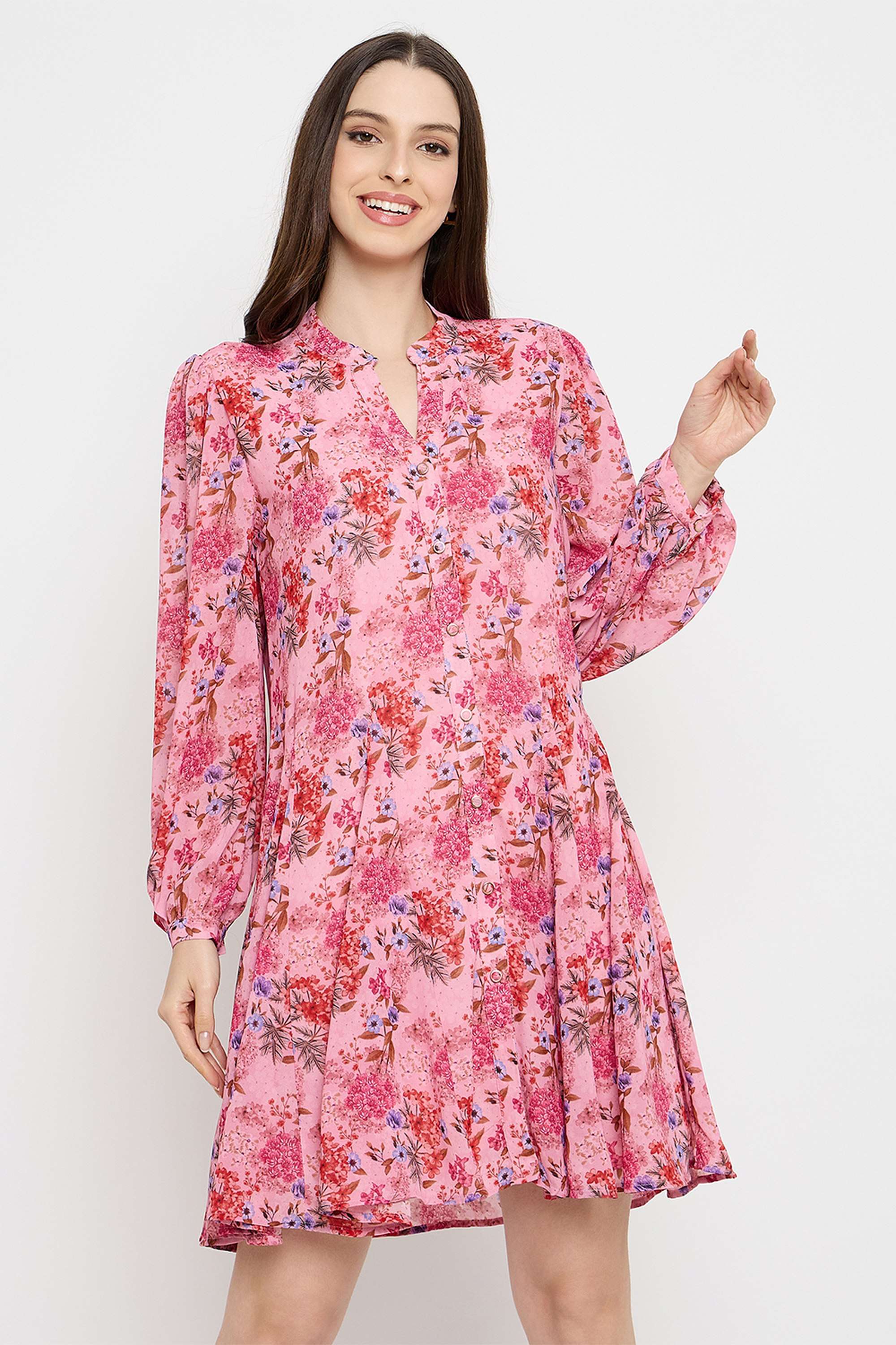 Floral-Polyester-Round-Neck-Women-s-Dress