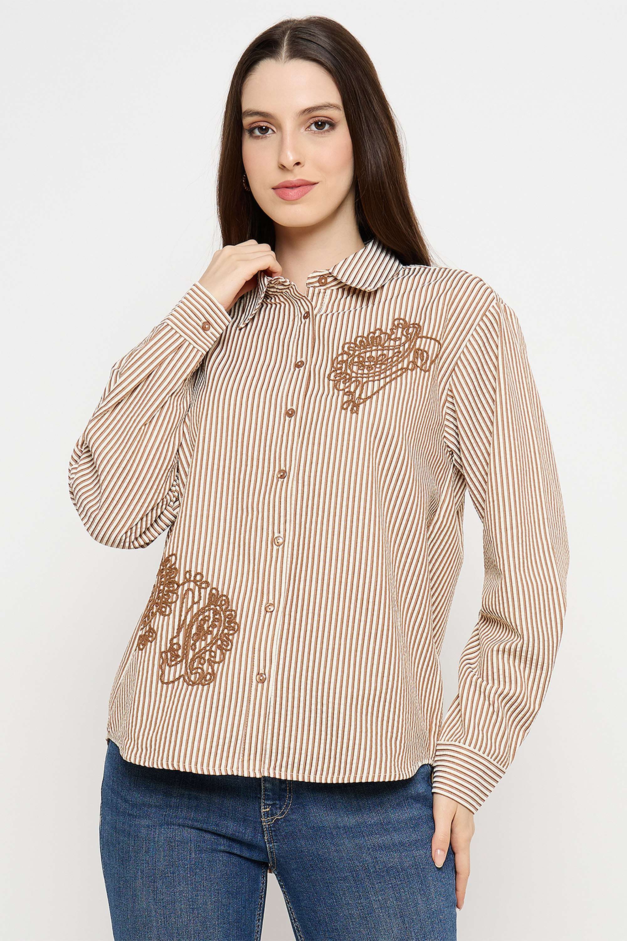 Stripes-Polyester-Collared-Women-s-Shirt