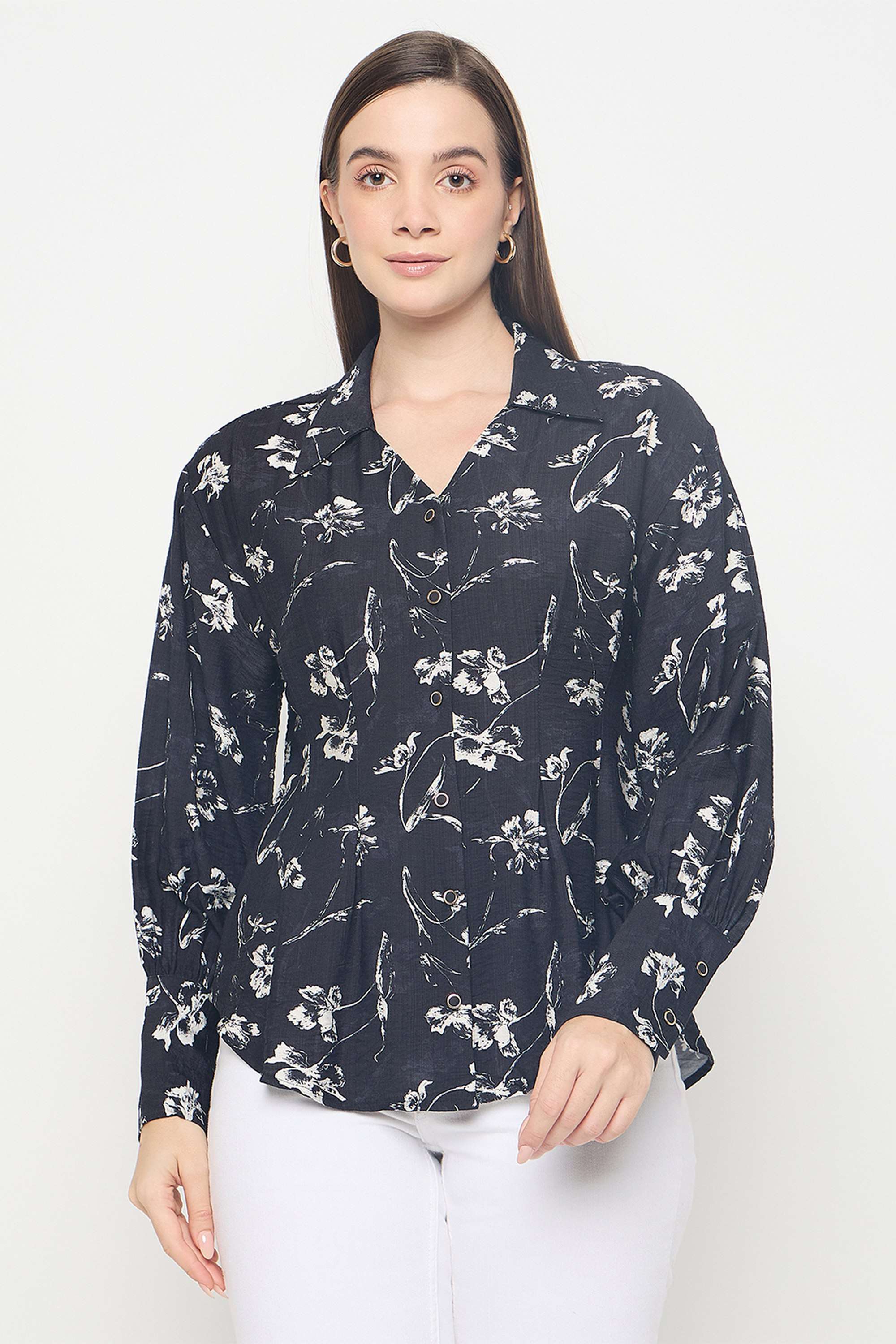 Floral-Nylon-Collared-Women-s-Shirt