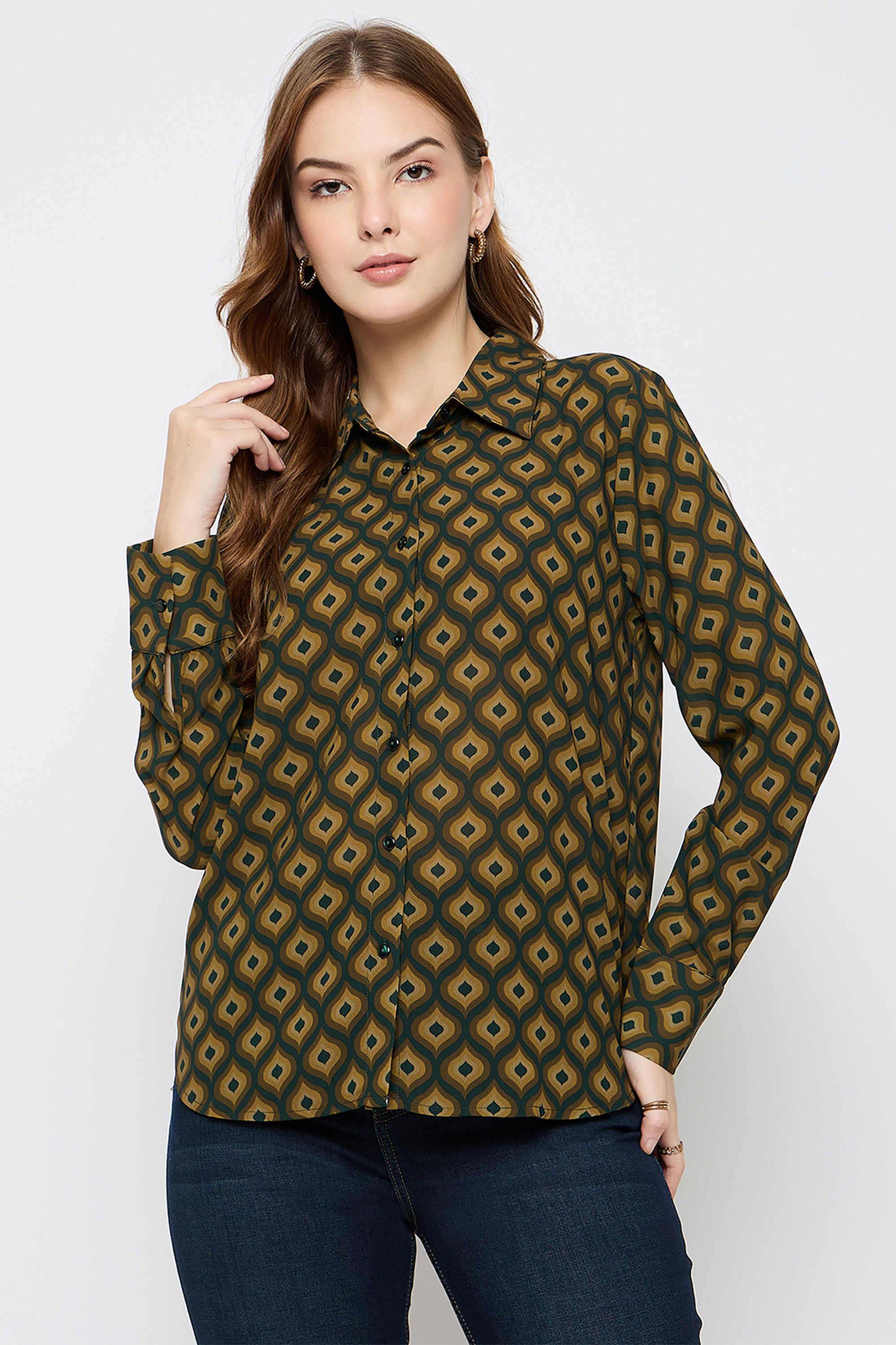 Geometric-Print-Polyester-Women-s-Shirt