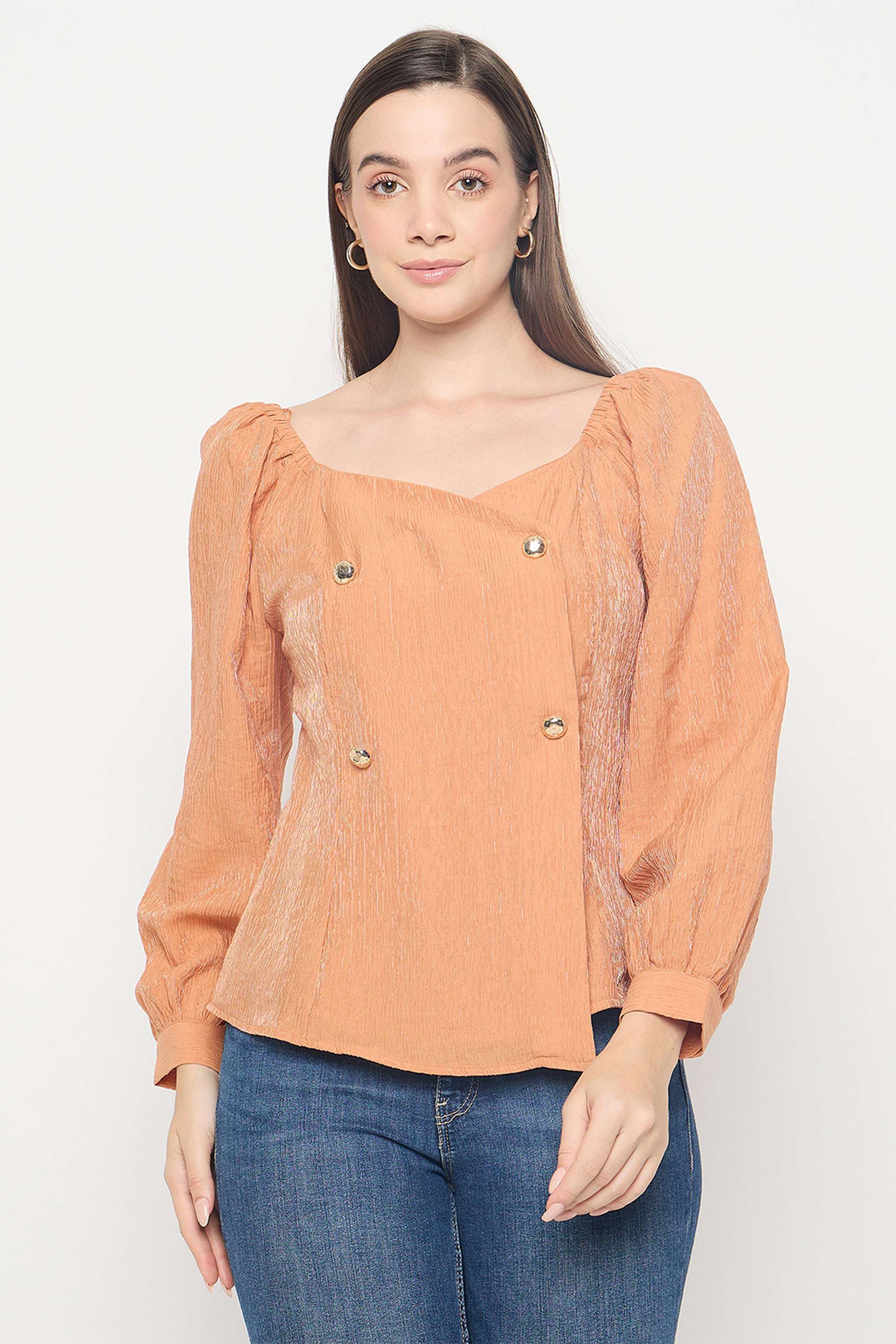 Solid-Polyester-Square-Neck-Women-s-Top