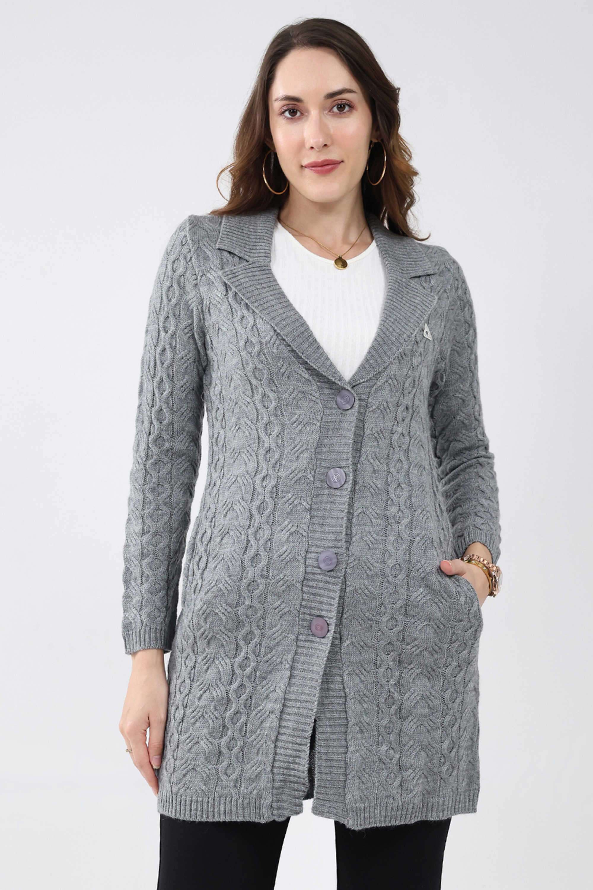 Solid-Blended-Fabric-Women-s-Winter-Wear-Cardigan