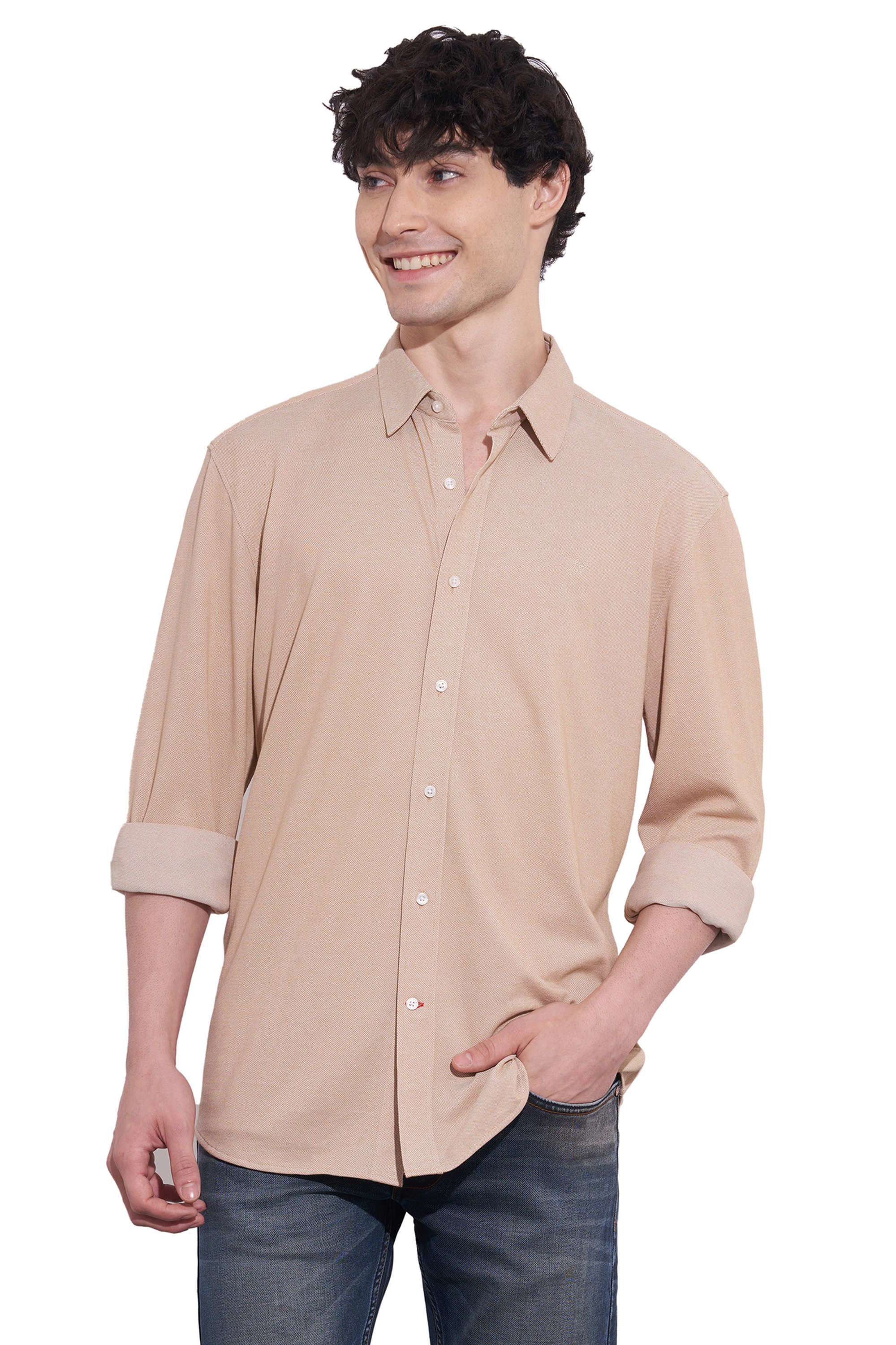 Solid-Collared-Cotton-Blend-Men-s-Casual-Wear-Shirt