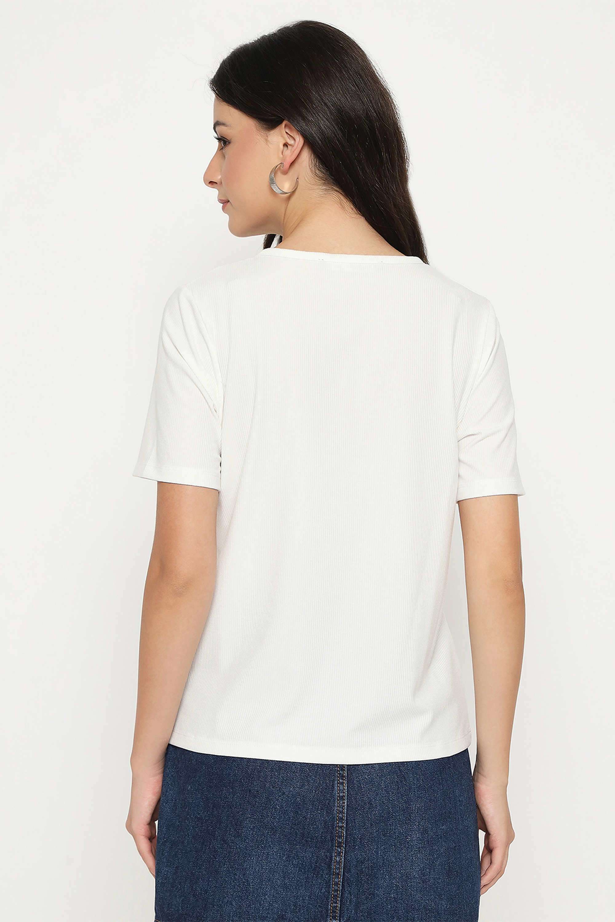 Textured-Polyester-V-Neck-Women-s-T-Shirt