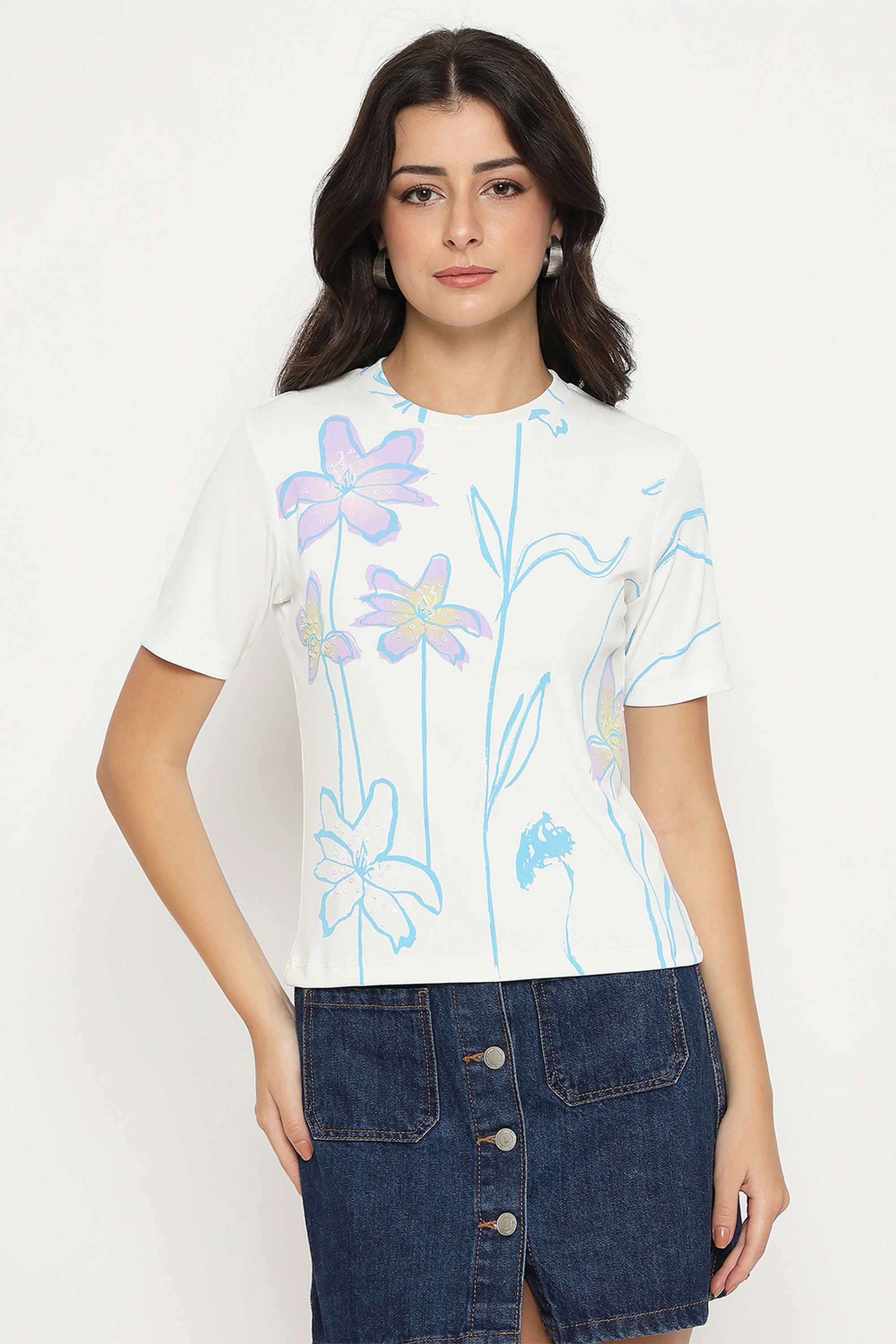 Floral-Polyester-Round-Neck-Women-s-T-Shirt