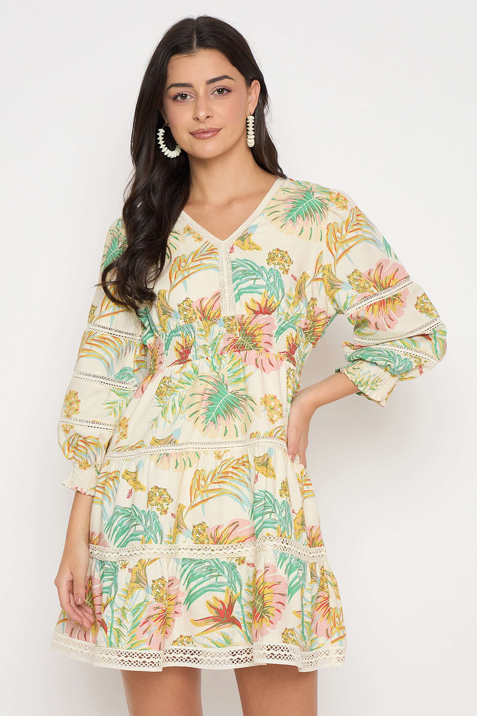 Floral-V-Neck-Viscose-Women-s-Mid-Thigh-Dress