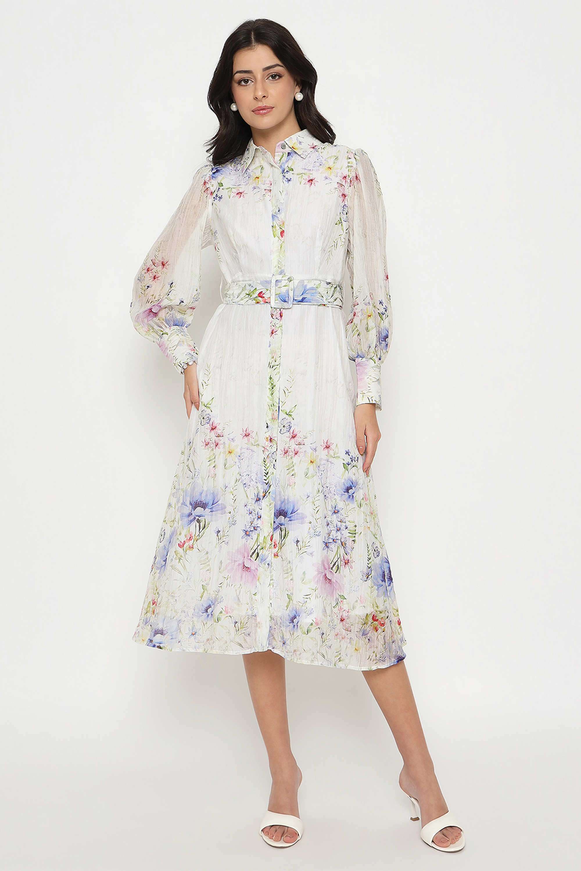 Floral-Classic-Collar-Nylon-Women-s-Calf-Length-Dress