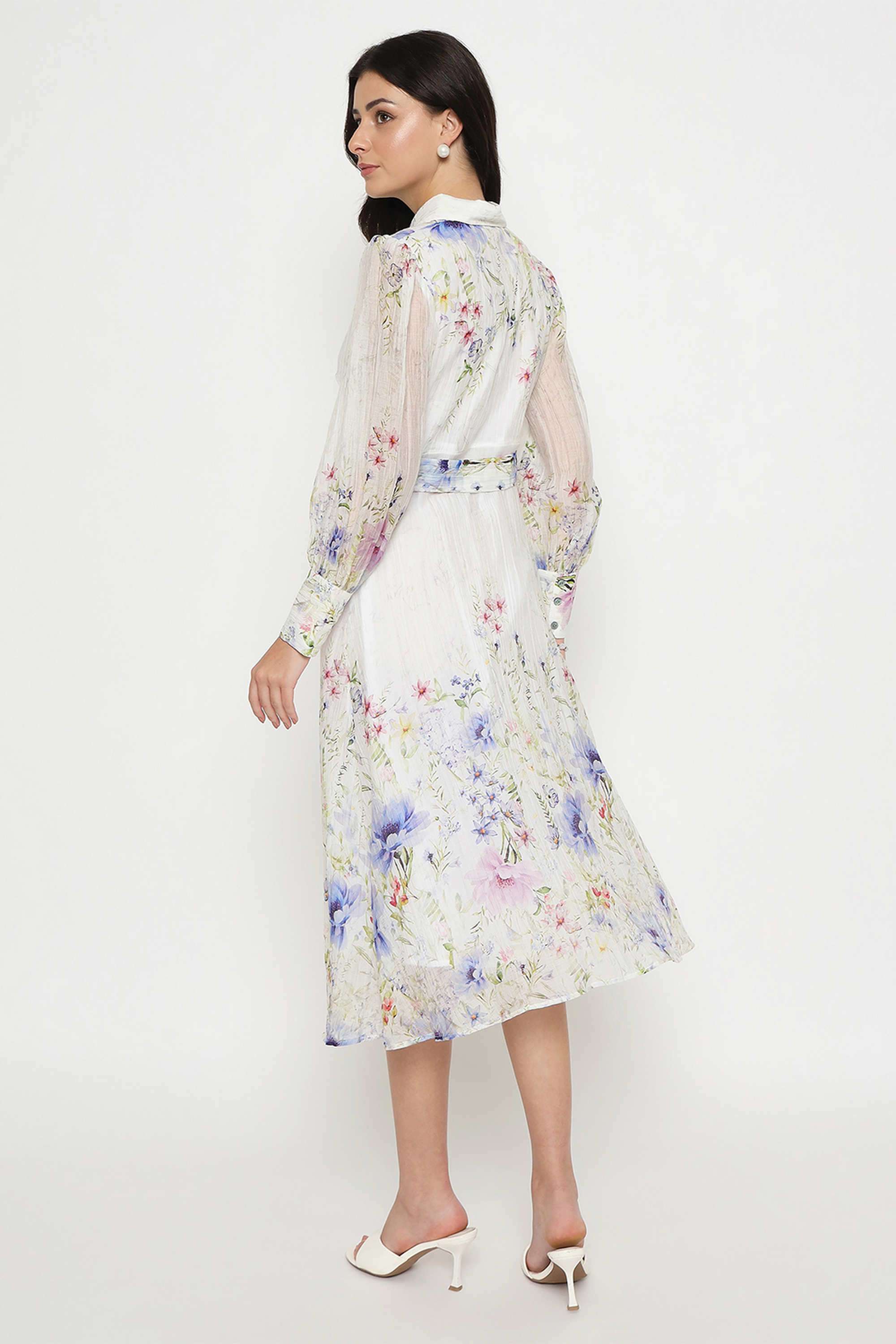 Floral-Classic-Collar-Nylon-Women-s-Calf-Length-Dress