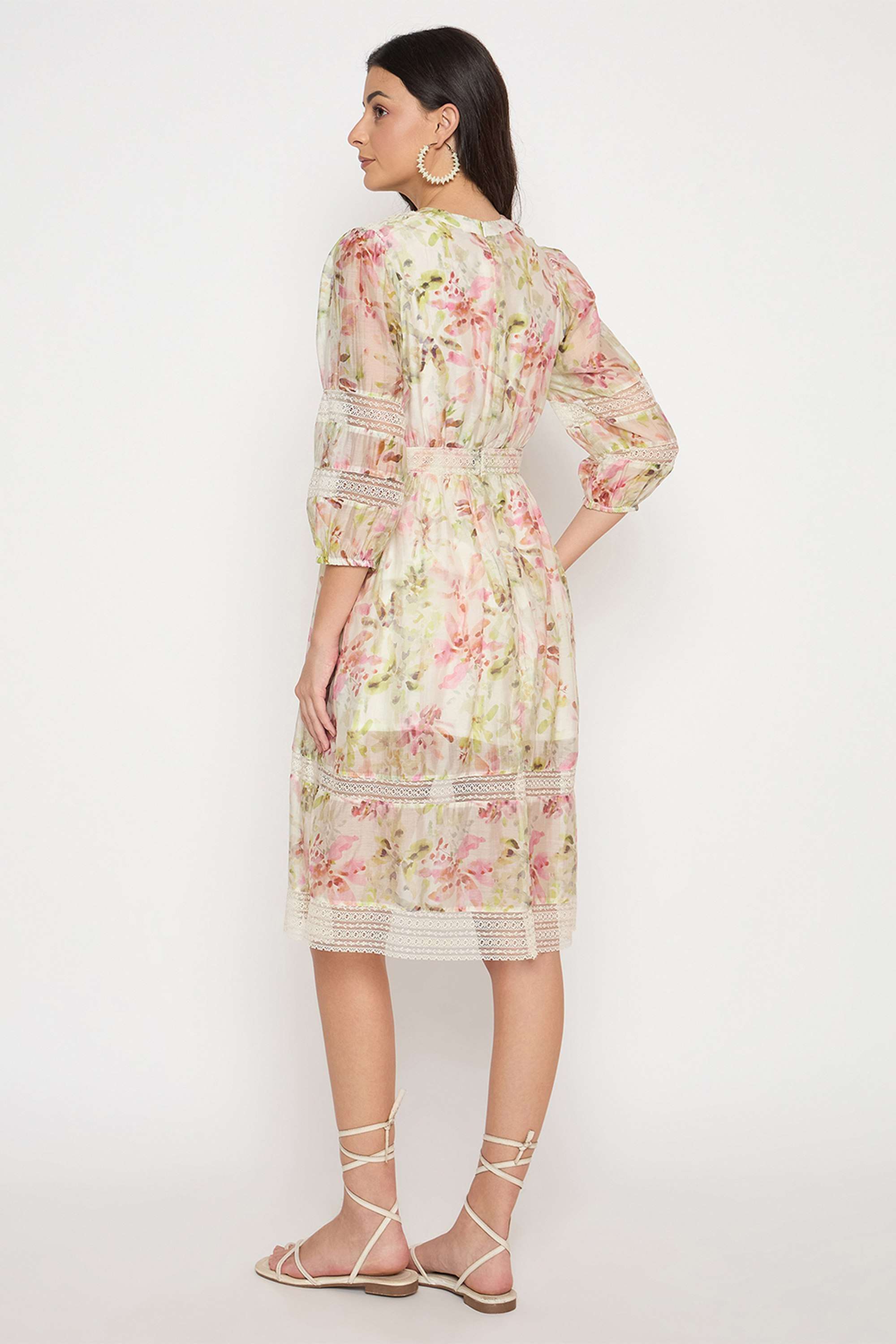Floral-V-Neck-Nylon-Women-s-Knee-Length-Dress